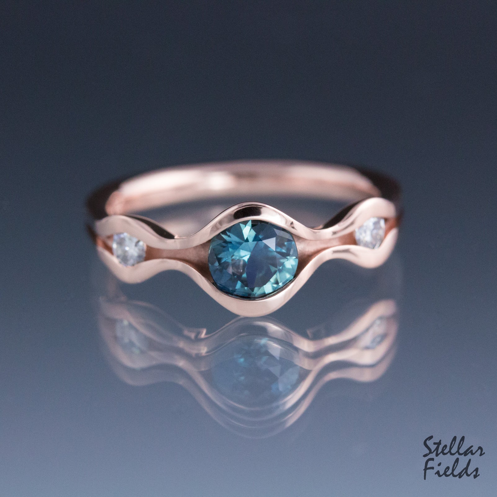 Blue Sapphire Wave Engagement Ring Three Stone Engagement Ring Rose Gold Stellar Fields Jewelry