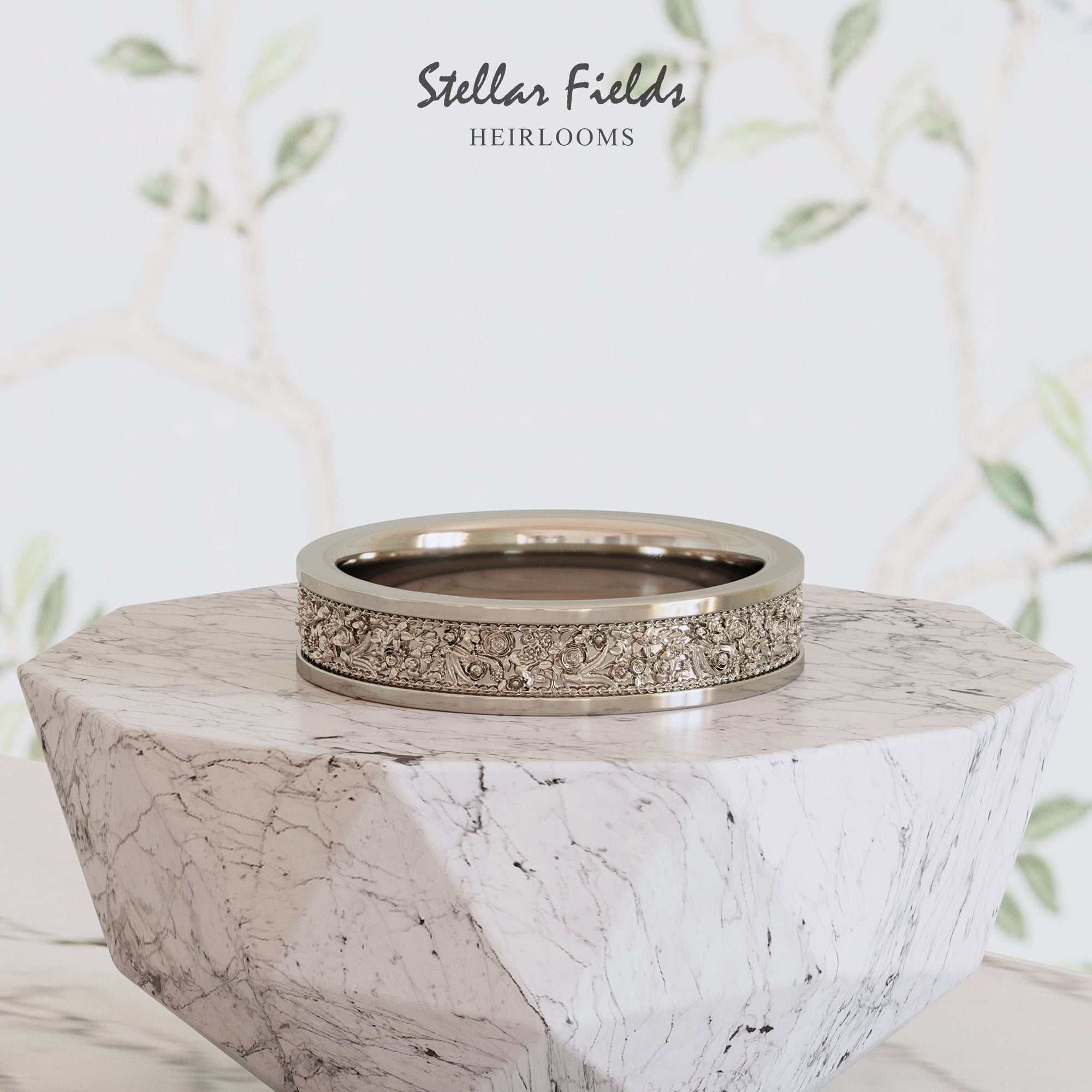 Intricate Flat Wedding Ring Floral Foliage Vintage Style Unique Platinum