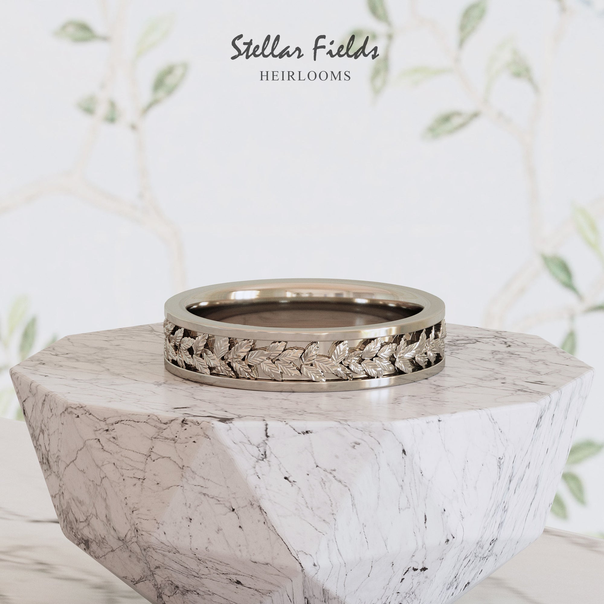 Laurel Leaf Wedding Ring Beautiful Flat Profile Band Platinum Stellar Fields Jewelry