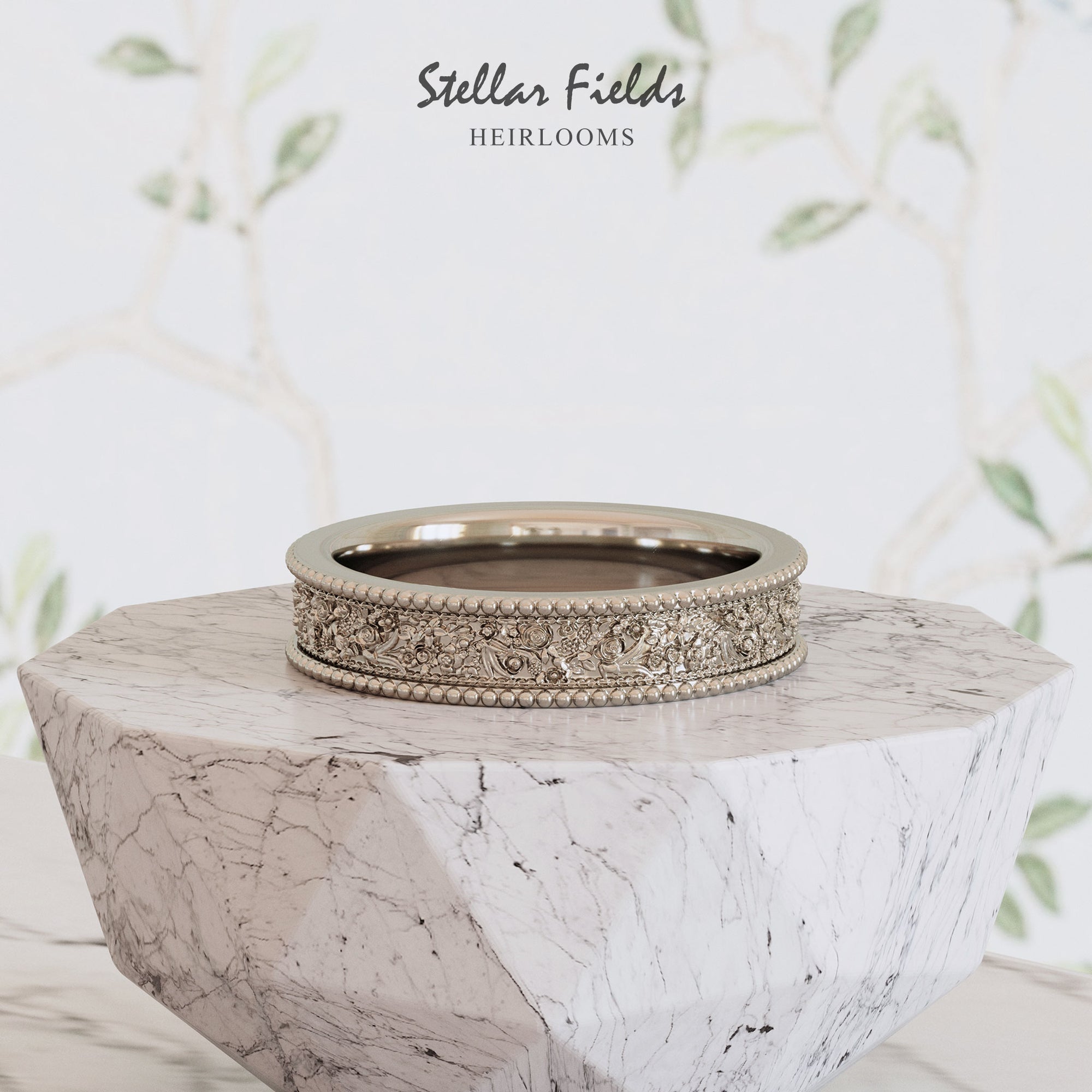 Vintage Wedding Ring Unique Floral Foliage Ornaments 14k White Gold