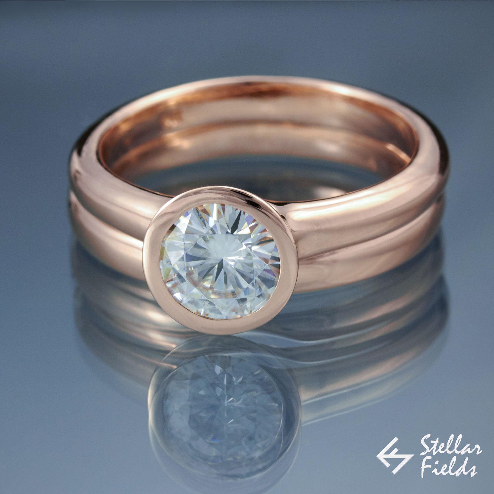 7.5mm round forever brilliant moissanite peekaboo bezel engagement ring bridal set rose gold