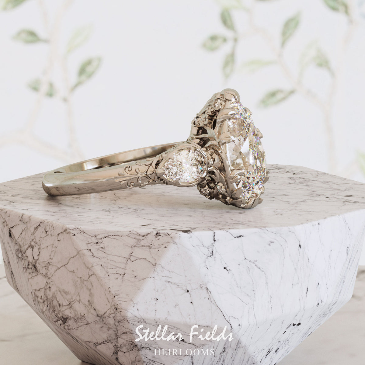 3 Stone Pear Diamond Engagement Ring Nature Inspired Platinum