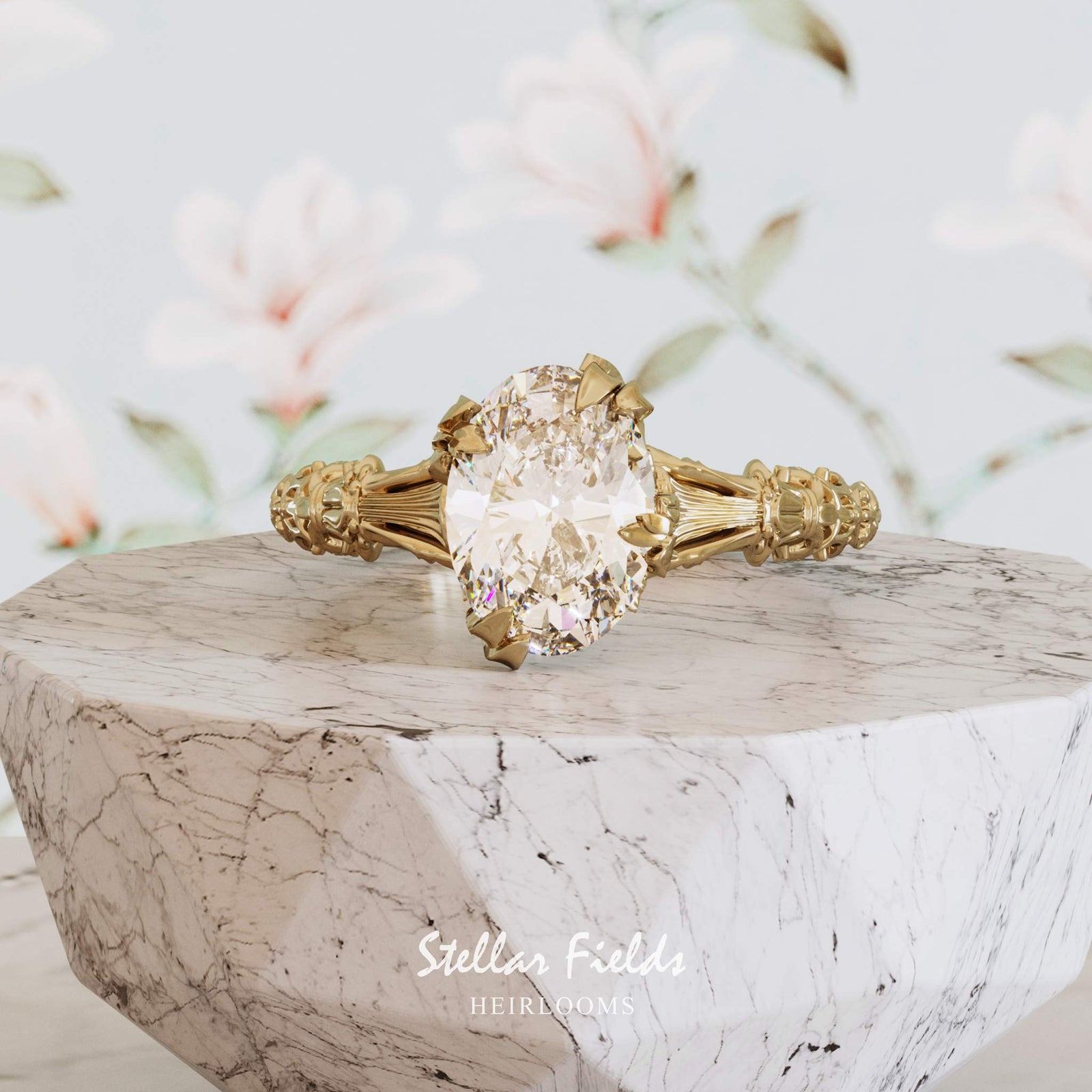 Custom Made Engagement Ring Oval Cut Diamond 18k yellow gold Stellar Fields Jewelry