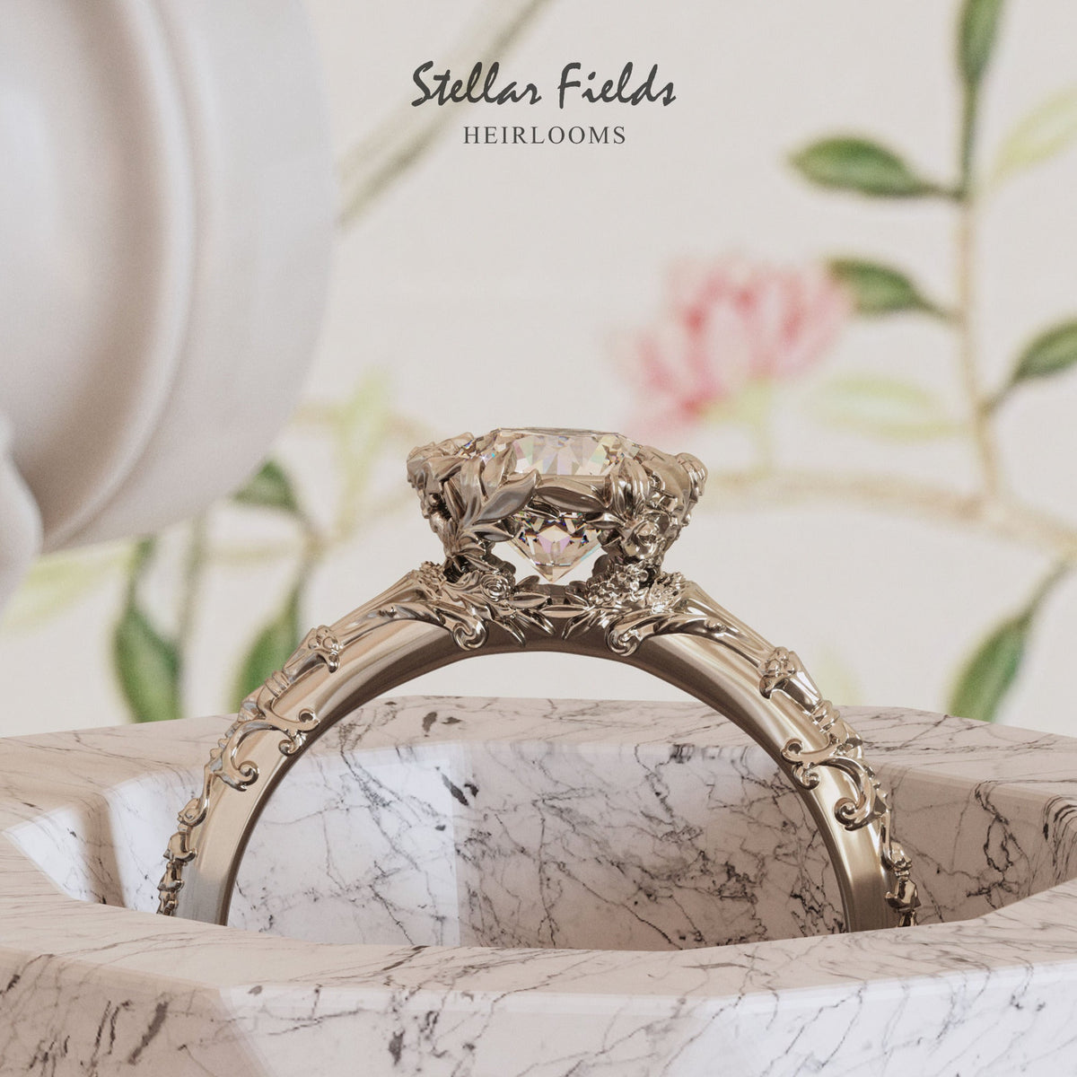 Diamond Floral Engagement Ring 14k white gold Stellar Fields Jewelry