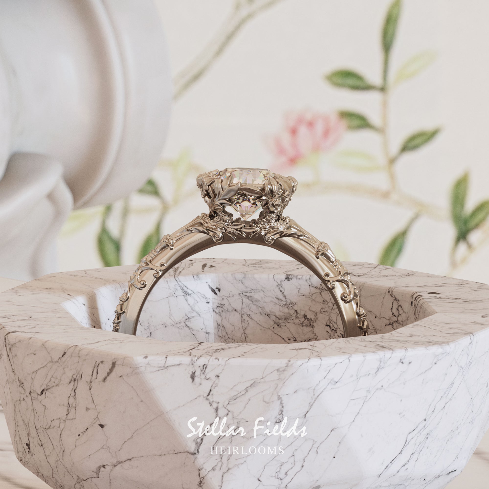 Nature Inspired Diamond Engagement Ring Foliage 14k White Gold