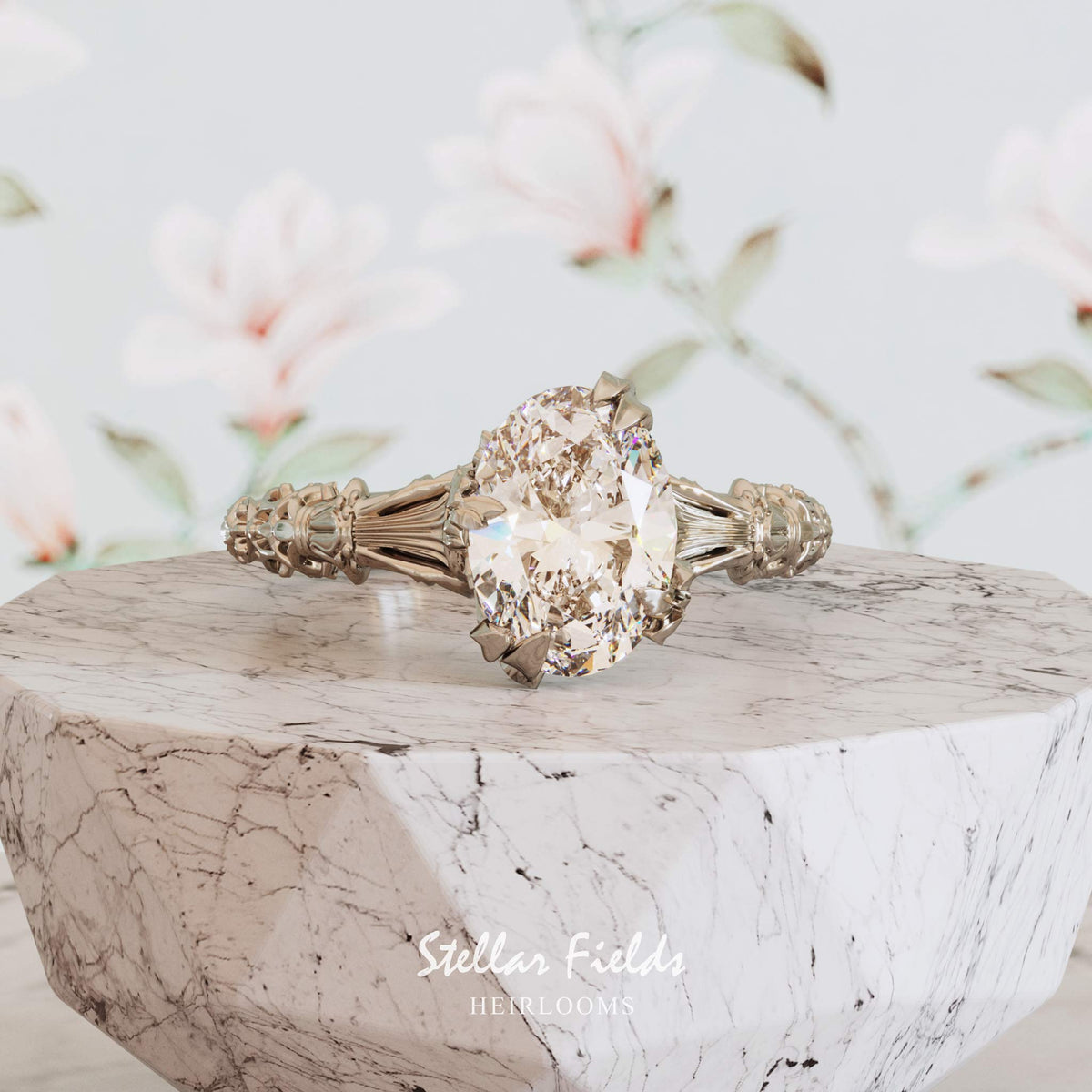 A vintage-style diamond engagement ring with a large oval center diamond and ornate filigree band