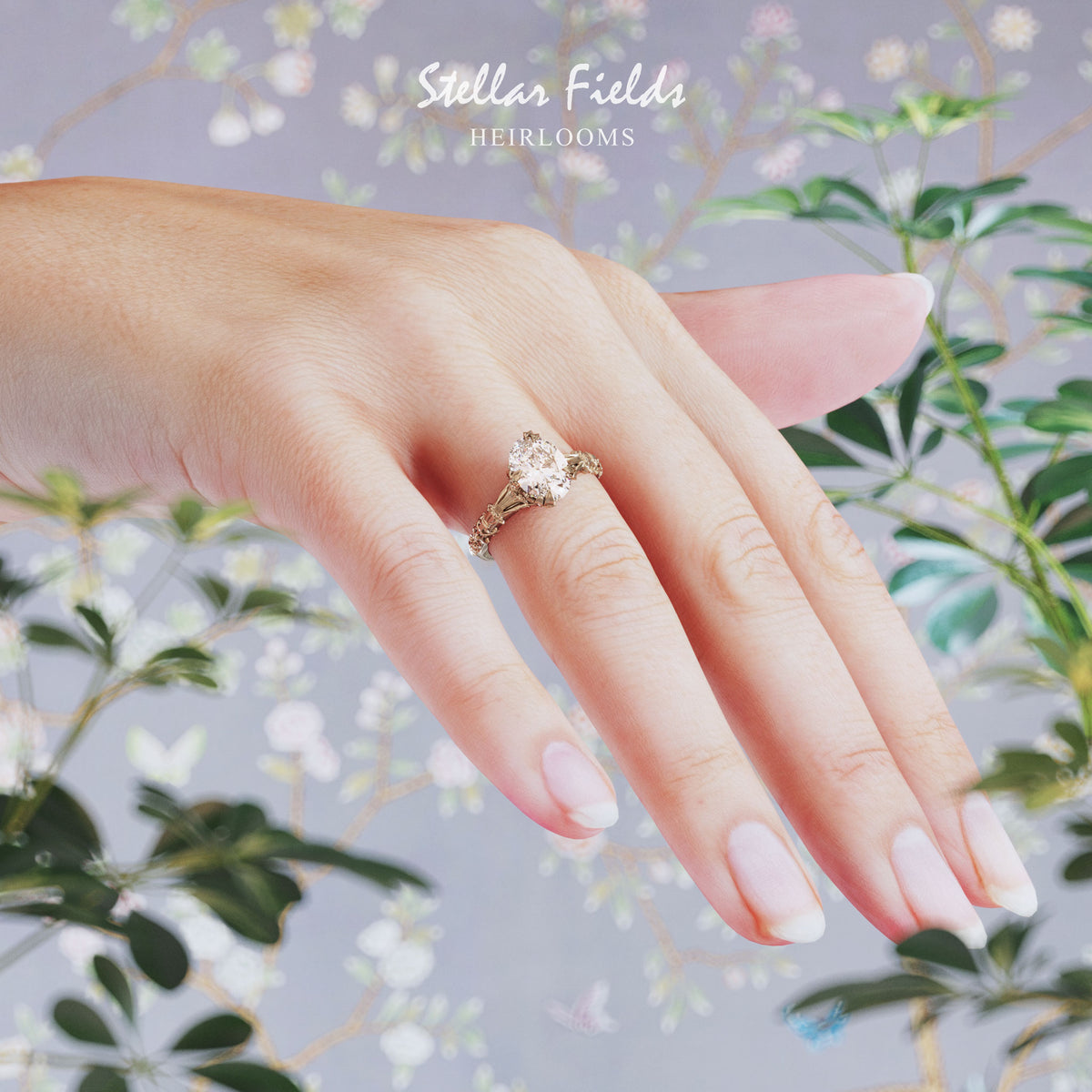 Oval Cut Diamond Engagement Ring Vintage Inspired Stellar Fields Jewelry 14k yellow gold