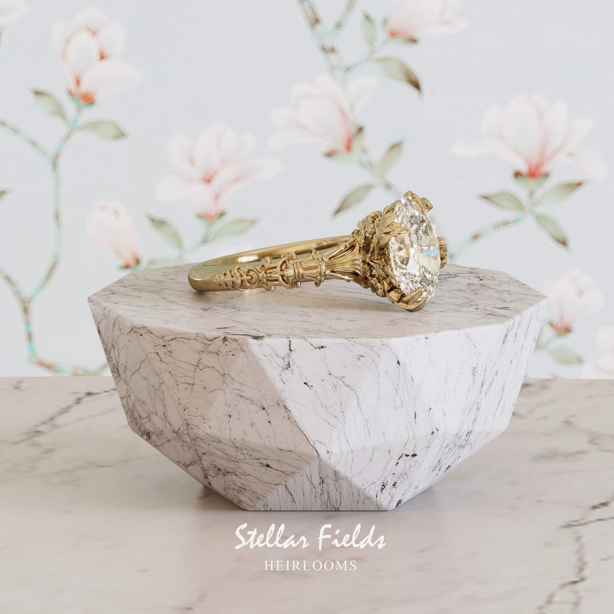 Oval Diamond Ring Unique Floral 14k Yellow Gold Stellar Fields Jewelry