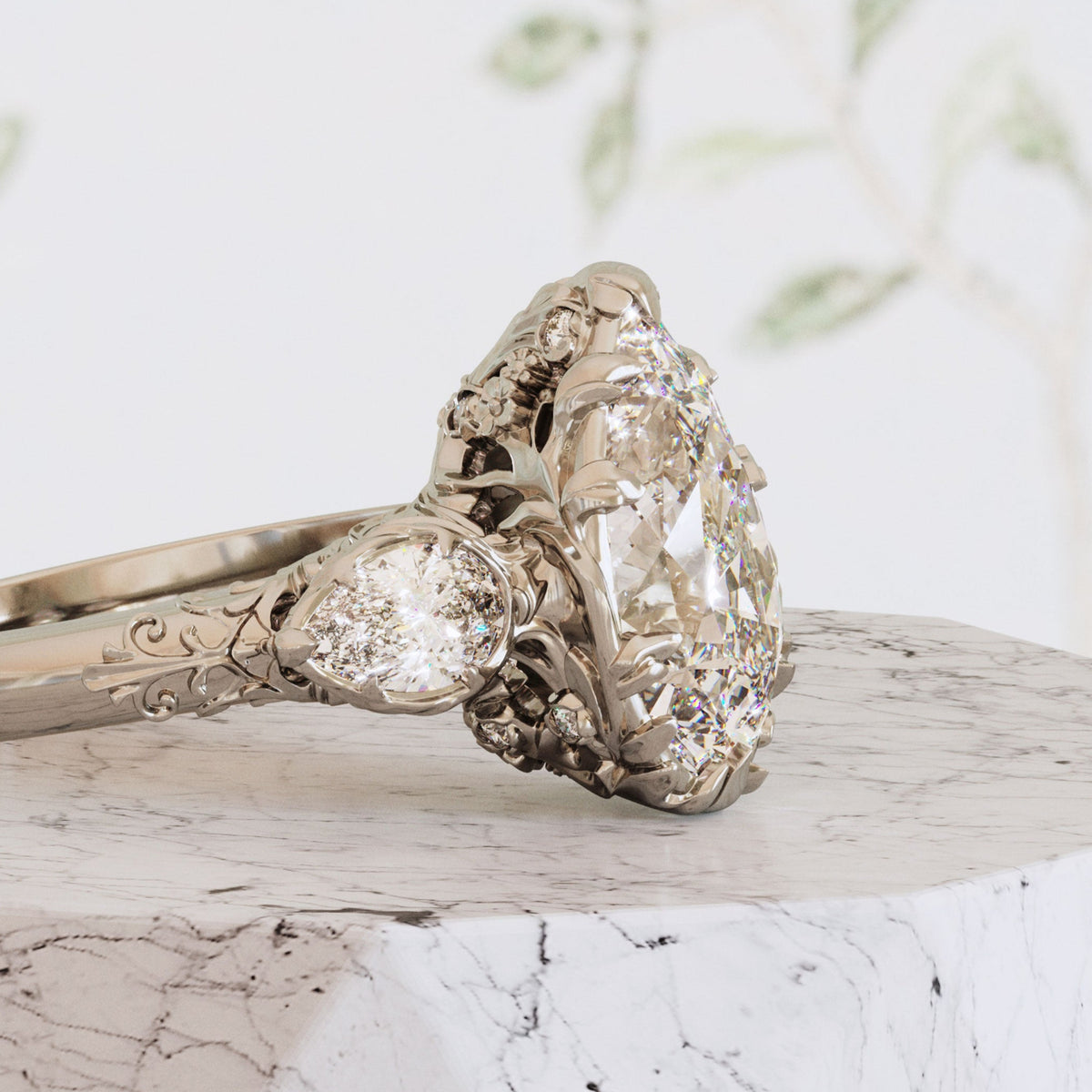 Pear Diamond Engagement Ring Unique Nature 14k White Gold