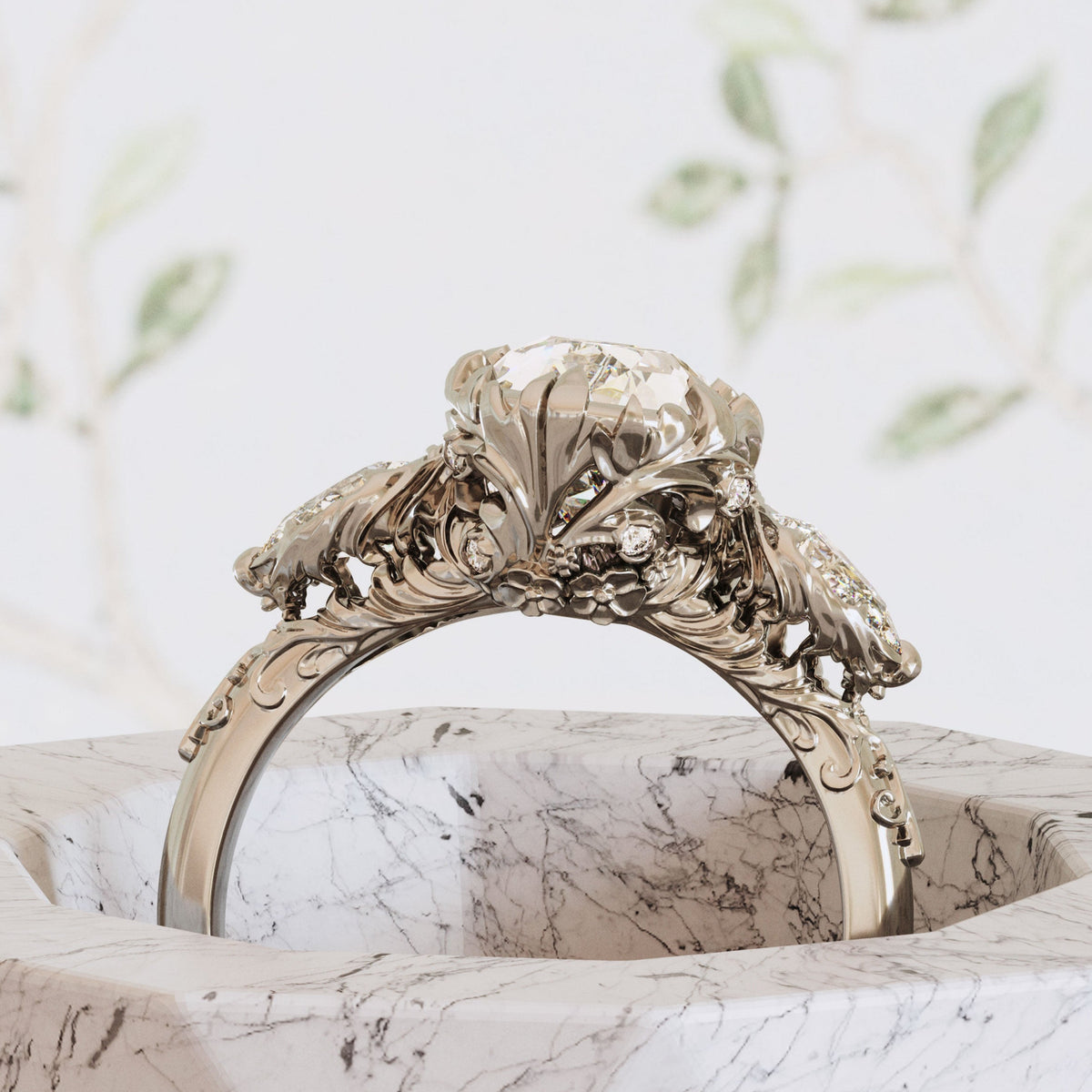Pear Engagement Ring 3 Stone Nature Inspired Platinum