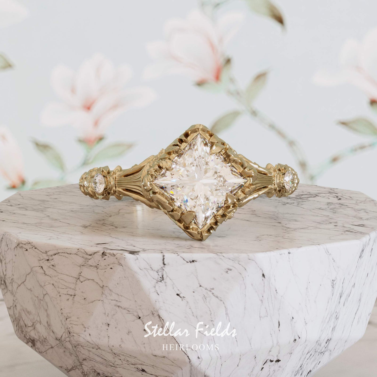 Princess Cut Diamond Engagement Ring Floral Foliage Nature Inspired 14k yellow gold  Stellar Fields Jewelry