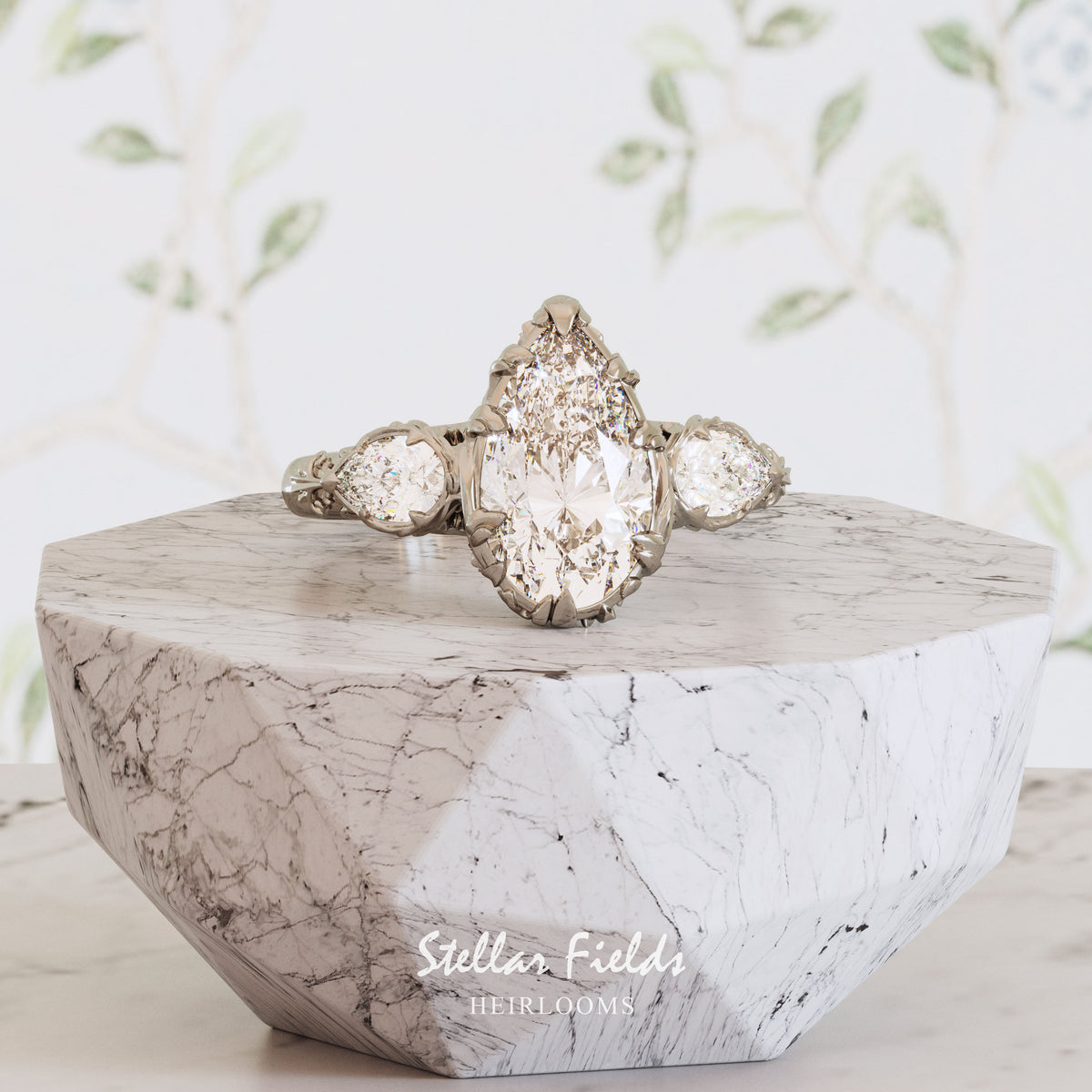 Three Stone Pear Diamond Engagement Ring Platinum Stellar Fields Jewelry