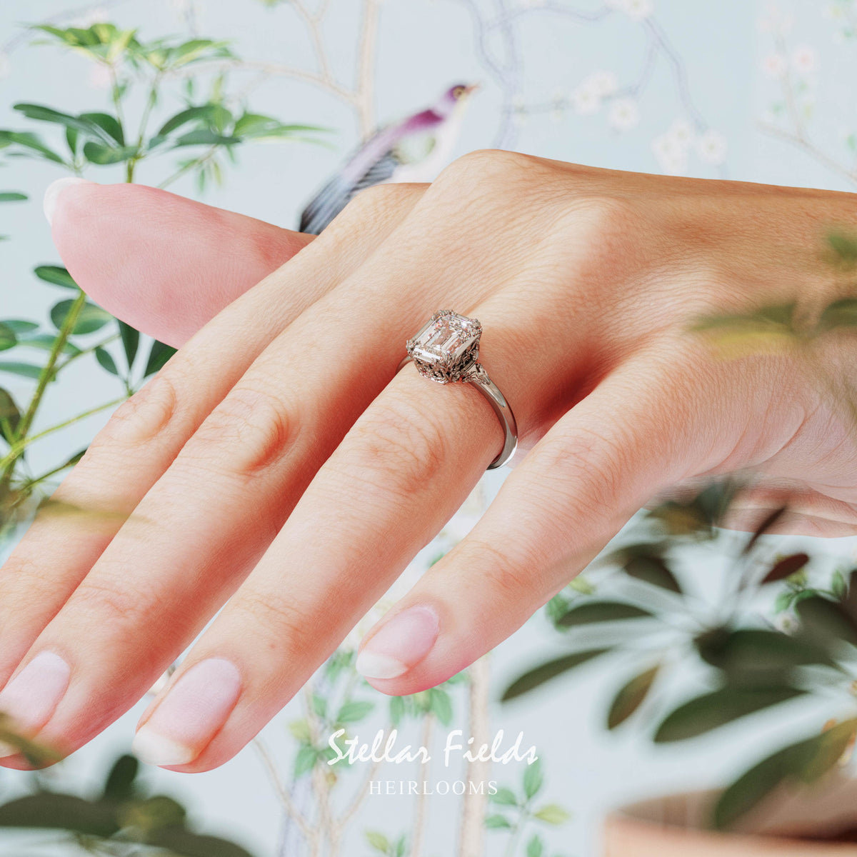 Unique Diamond Engagement Ring Floral Vintage Platinum