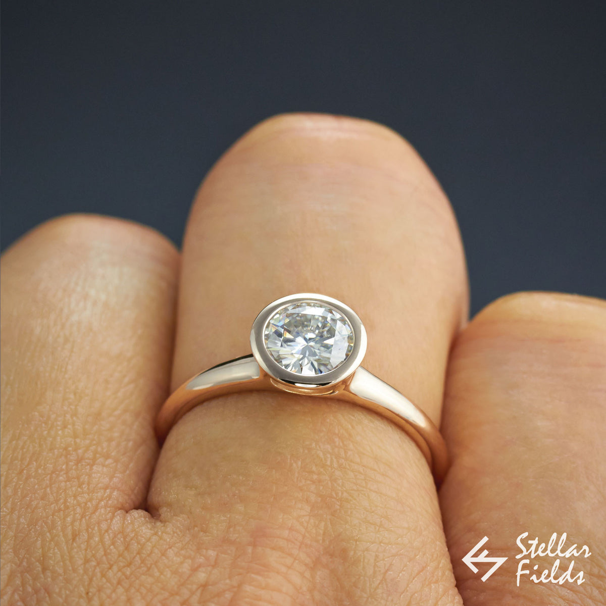 1carat Round Solitaire Diamond full bezel set engagement ring in 14k rose gold