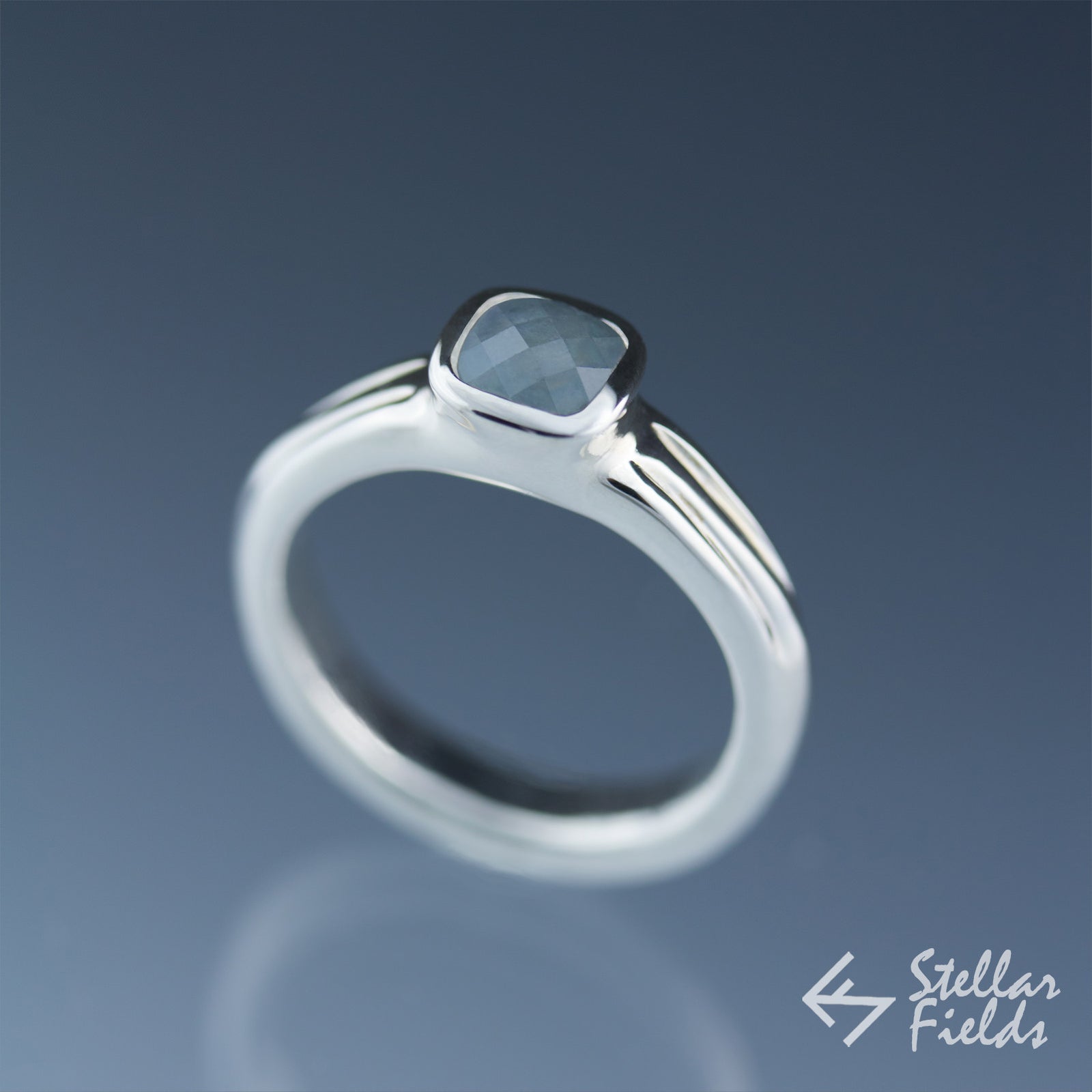 Cushion Cut Blue Montana Sapphire Bezel Engagement Ring - Stellar Fields