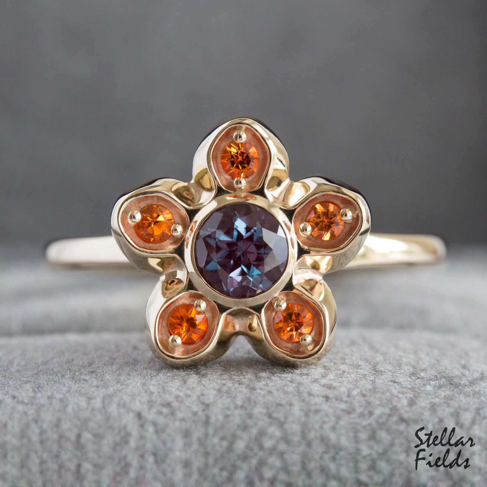 Alexandrite Star Cluster Ring Padparadscha Sapphires 14k Gold