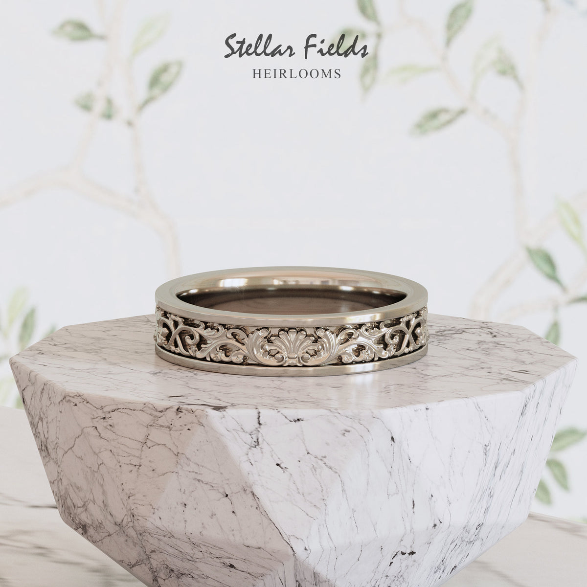 Amelie Vintage Flourish Scroll Wedding Ring Shell Ornament Platinum Stellar Fields Jewellry
