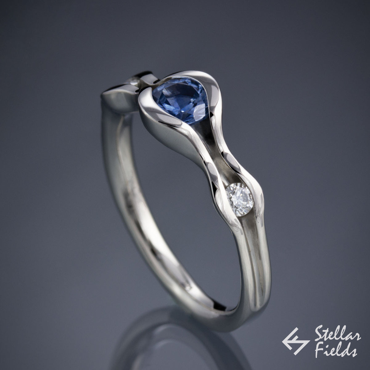 Blue Montana Sapphire Three Stone Wave Engagement Ring White Gold Platinum StellarFields