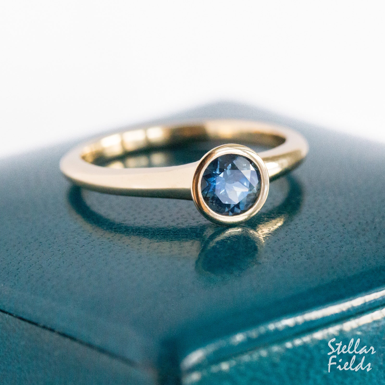 Blue Sapphire Bezel Engagement Ring Montana Sapphire Yellow Gold Stellar Fields