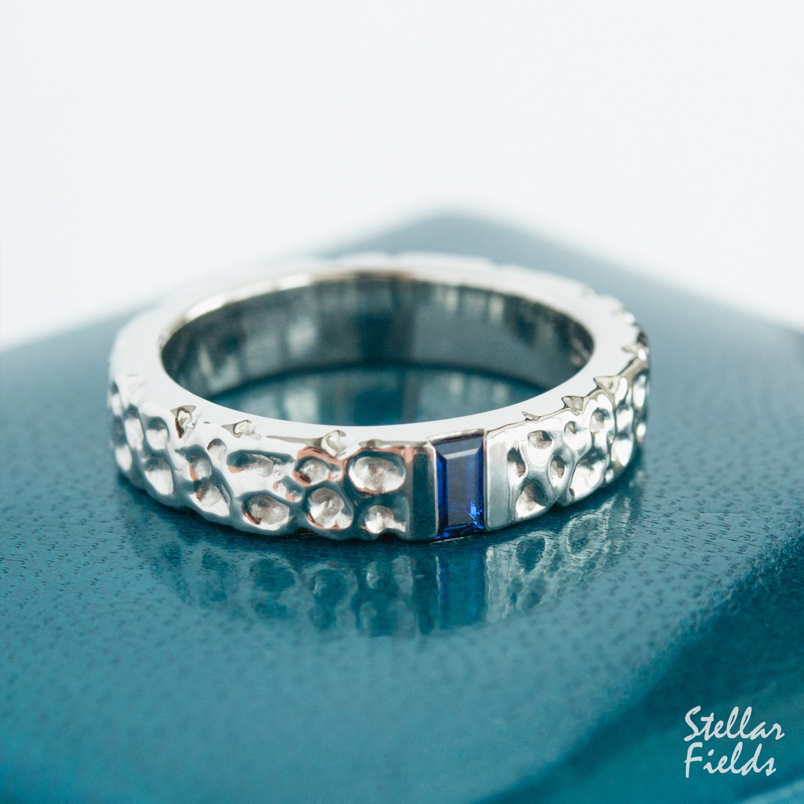 Modern Textured Wedding Band Cornflower Blue Sapphire Wedding Ring Unique OOAK Stellar Fields
