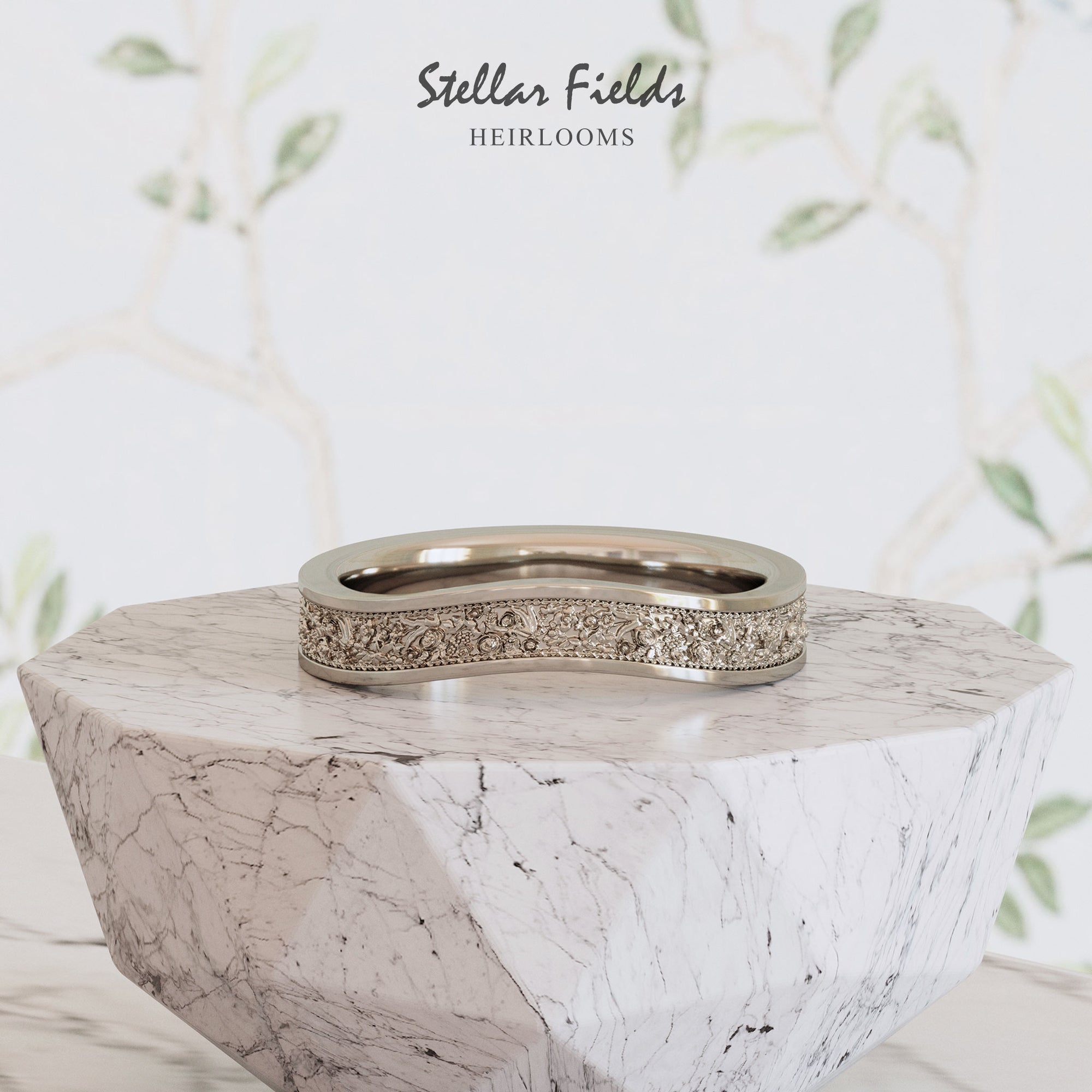 Curved Wedding Ring Sculpted Frieze Ornaments Platinum - Lena