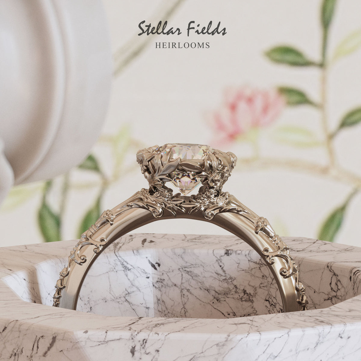 Diamond Floral Engagement Ring 14k white gold Stellar Fields Jewelry