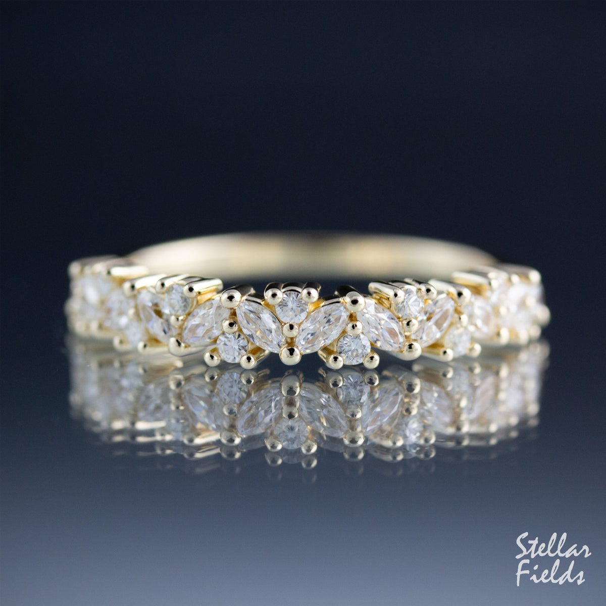 Diamond Cluster Wedding Ring Floral Wedding Band 14k Yellow Gold Stellar Fields Jewelry