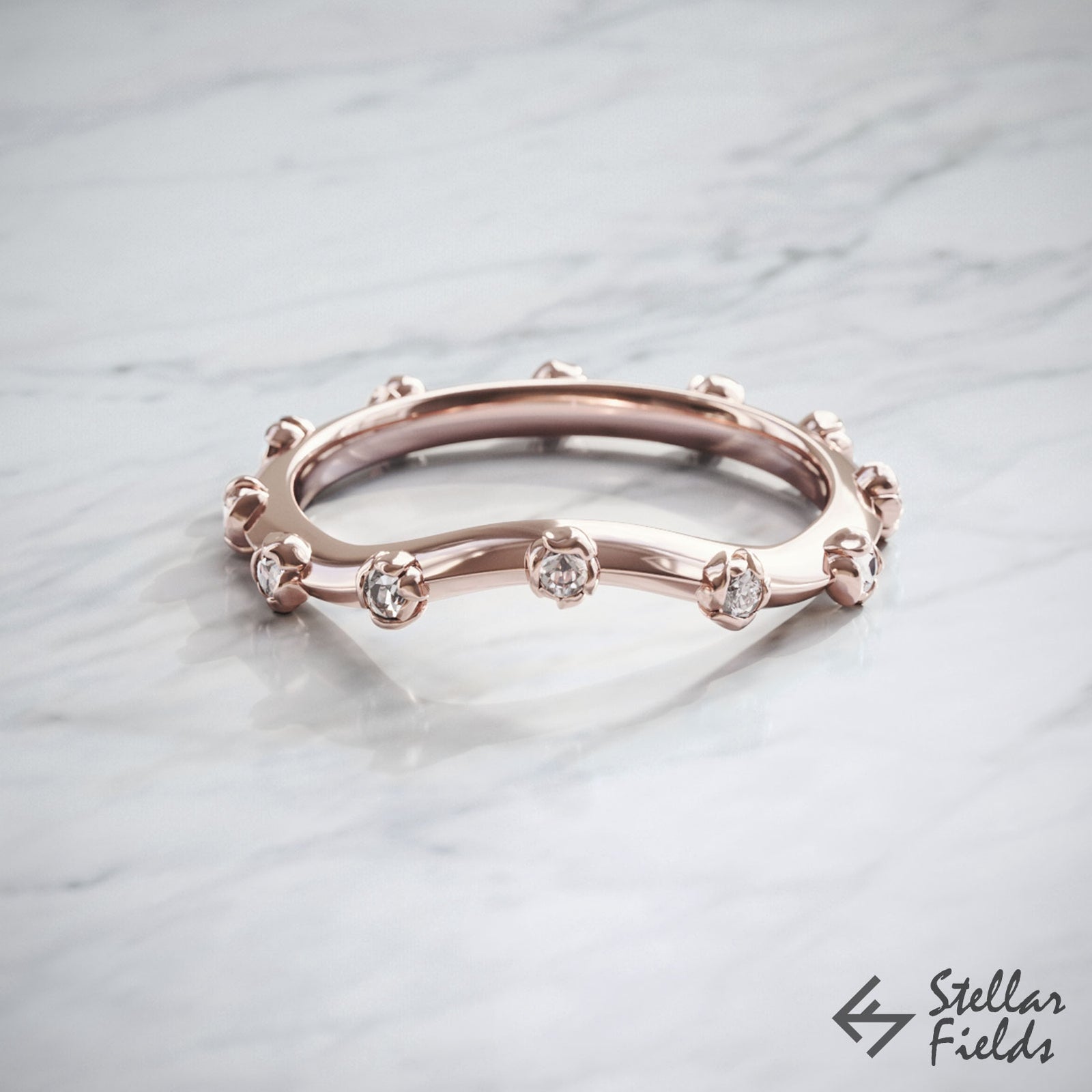 Diamond Contour Ring Floral Wedding Ring Shadow Band 14k Rose Gold Stellar Fields Jewelry