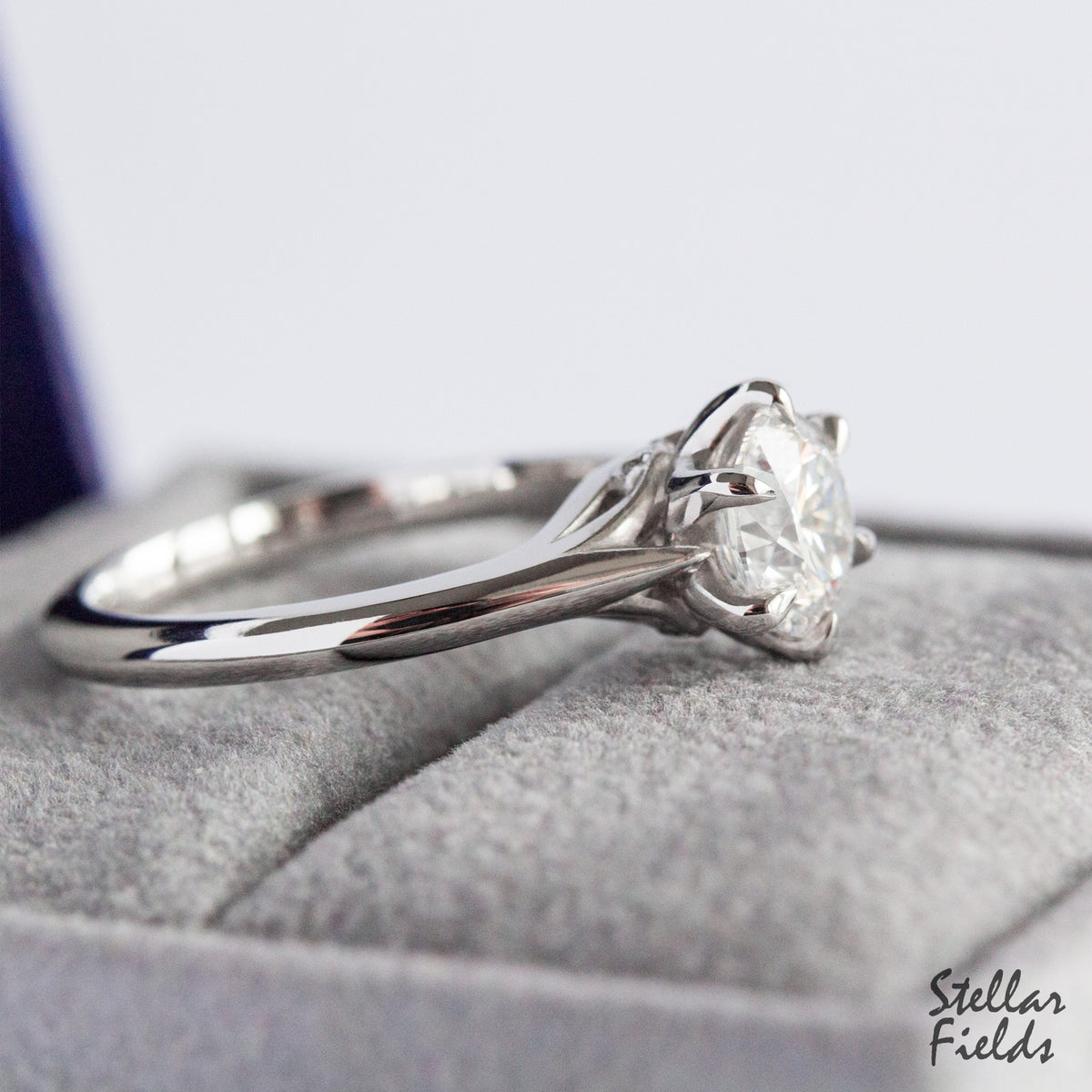 Diamond Prong Engagement Ring Modern Vintage 6 Prong Ring Platinum 14k Gold Stellar Fields Jewelry