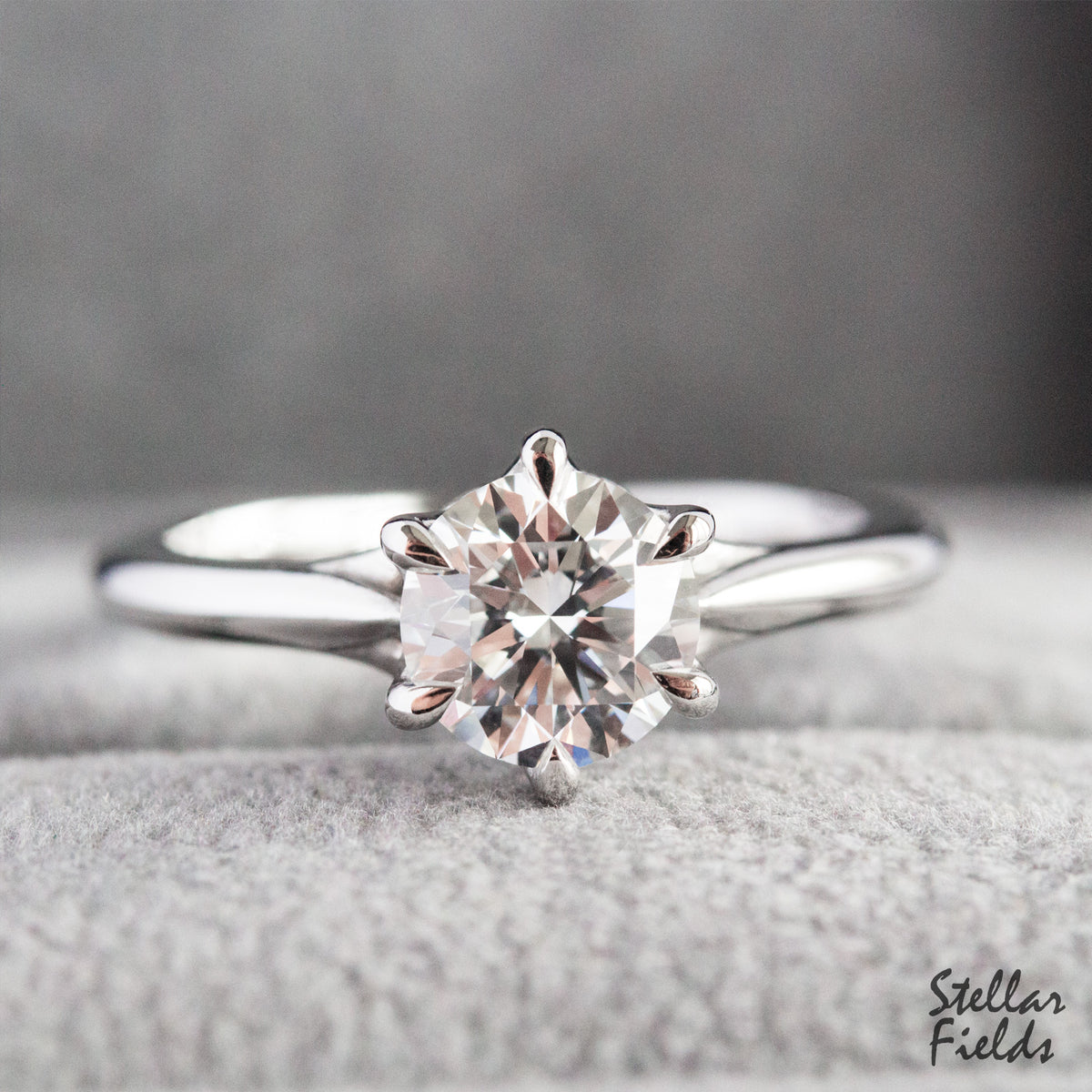 Diamond Solitaire Prong Engagement Ring 6 Prong Ring Modern Vintage Platinum Stellar Fields Jewelry