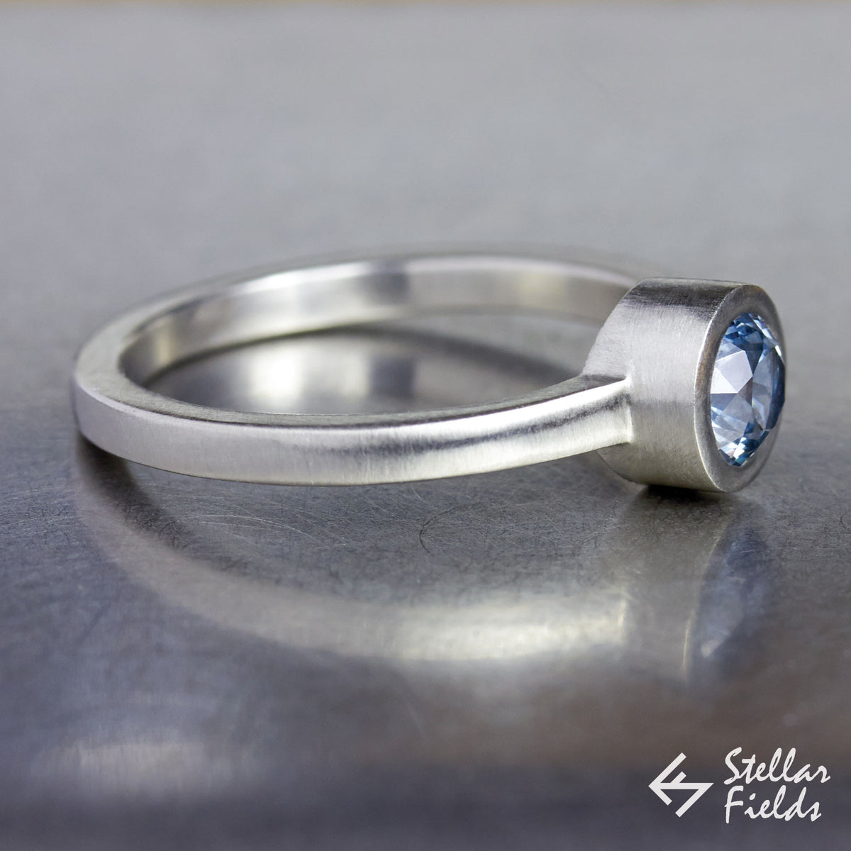 Ethical Blue Montana Sapphire Full Bezel Engagement Ring in 14k White Gold Platinum Stellar Fields Jewelry