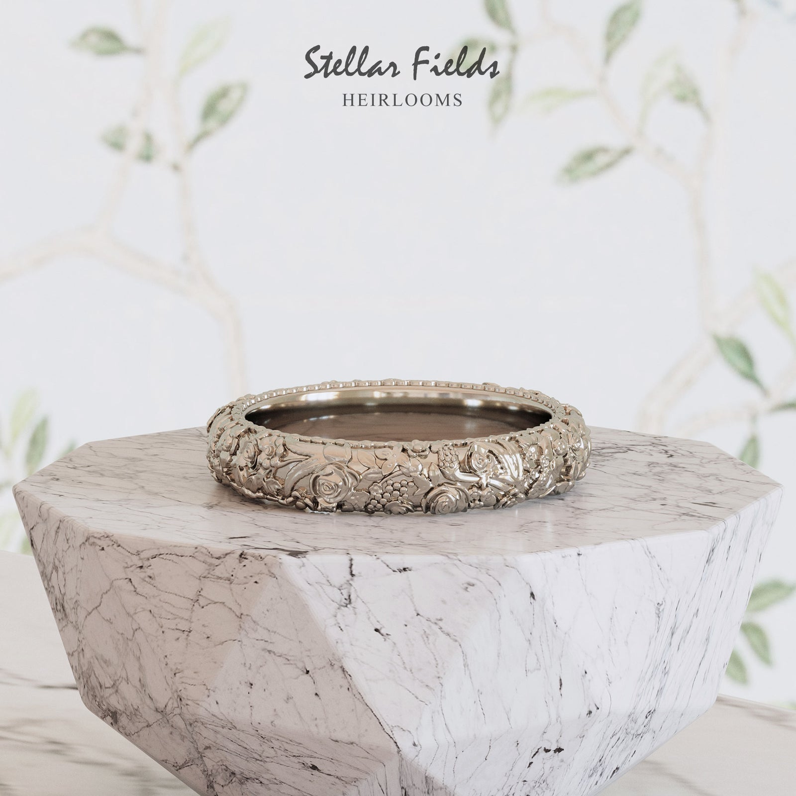 Floriane Wedding Ring Sculpted Intricate Flower Foliage Fruit Details Dome Profile Ring Platinum