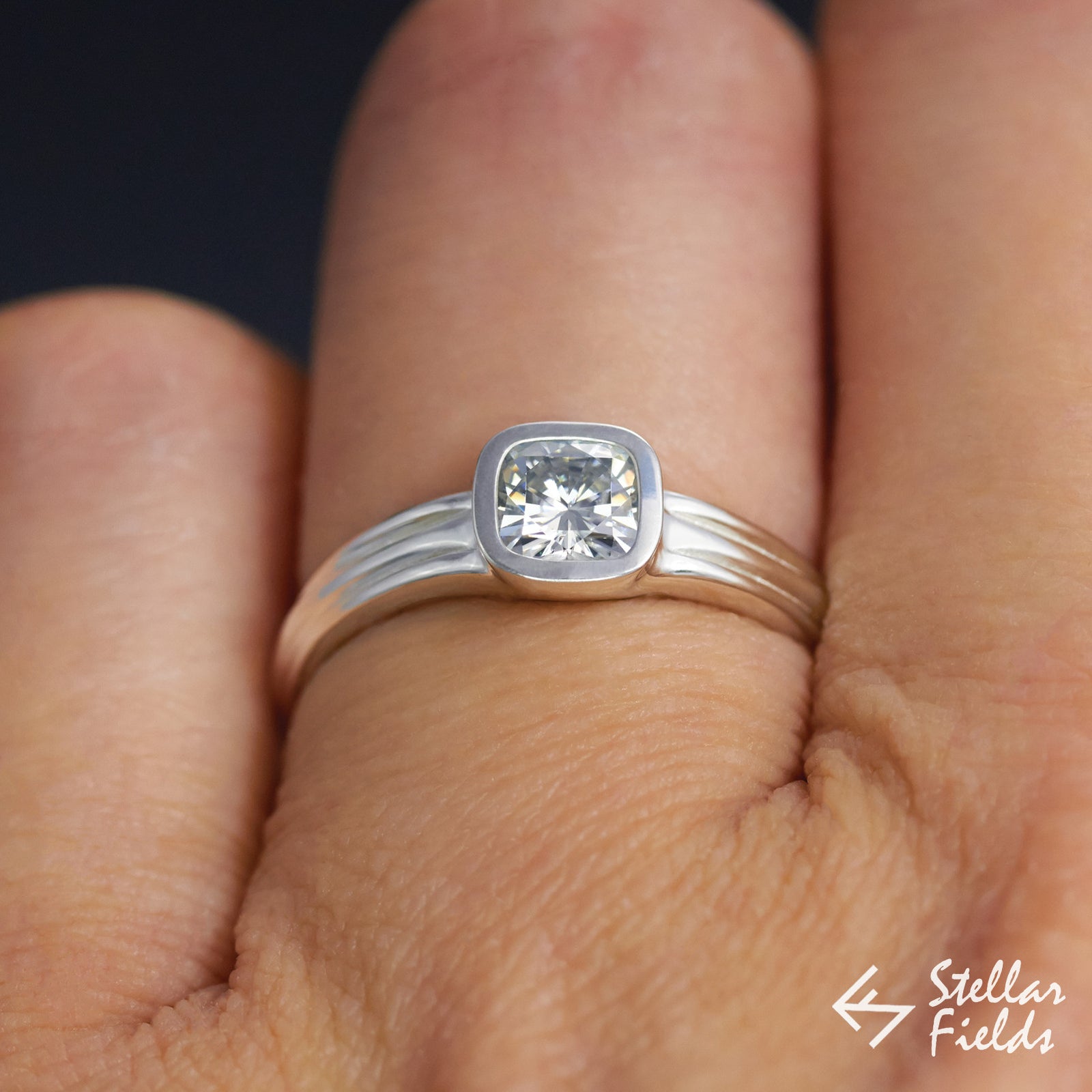 Cushion Cut Forever Brilliant™ Moissanite Square Bezel Engagement Ring - Stellar Fields