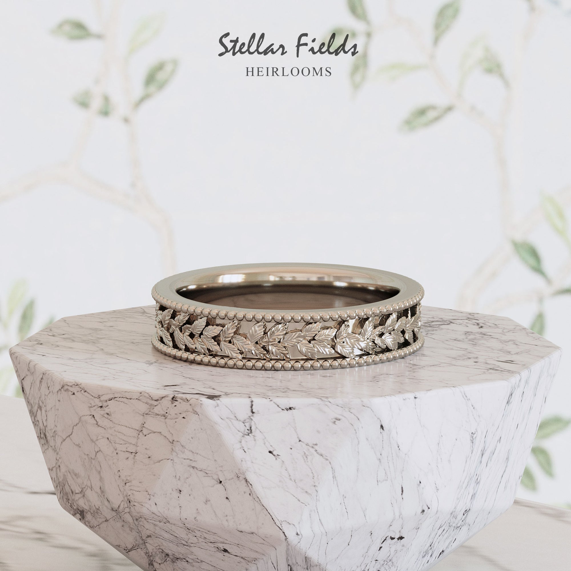 Laurel Leaf Wedding Ring Millgrain Vintage Heirloom Platinum