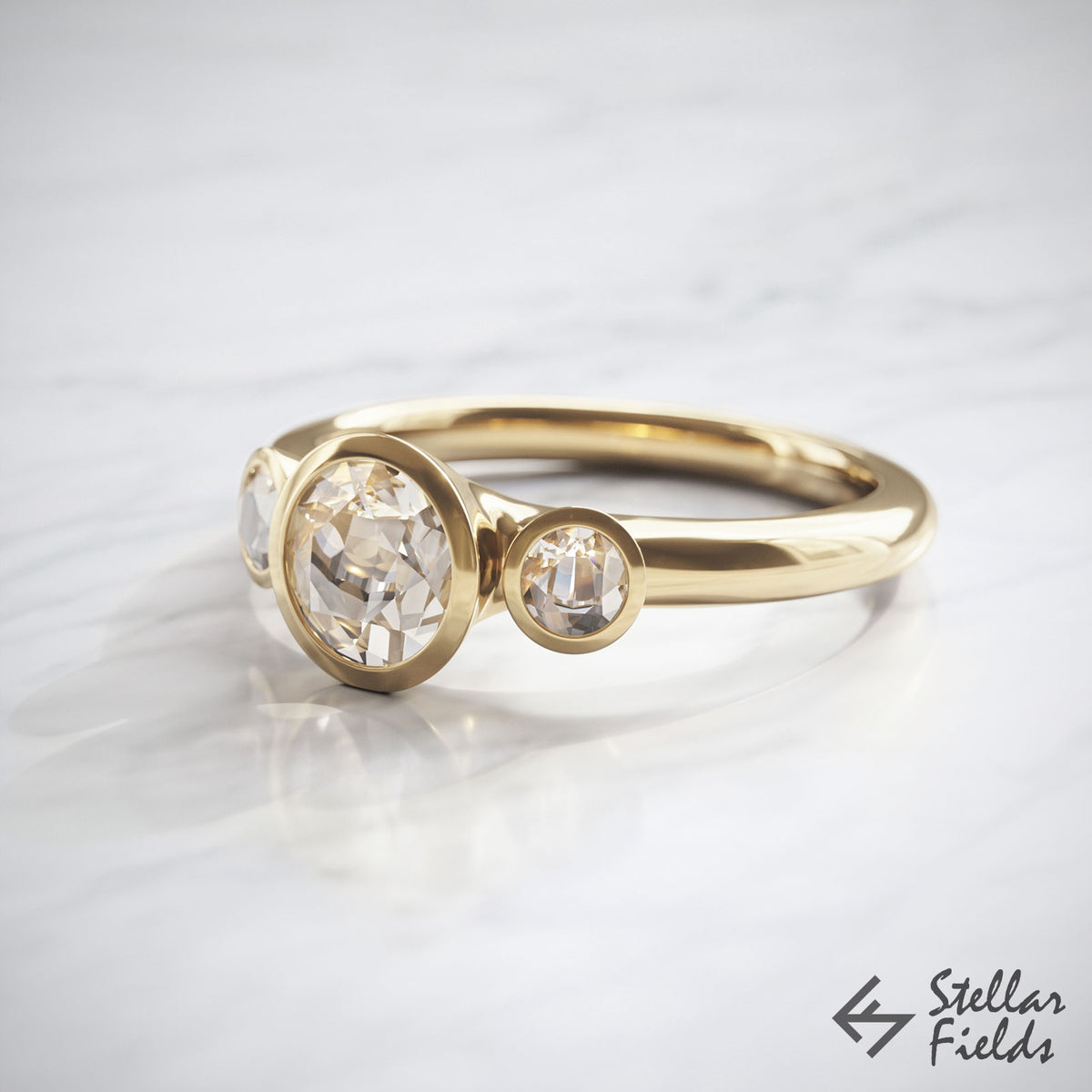 Modern Tri Stone Engagement Ring Unique Tapered Bezel Ring 14k Yellow Gold Stellar Fields Jewelry