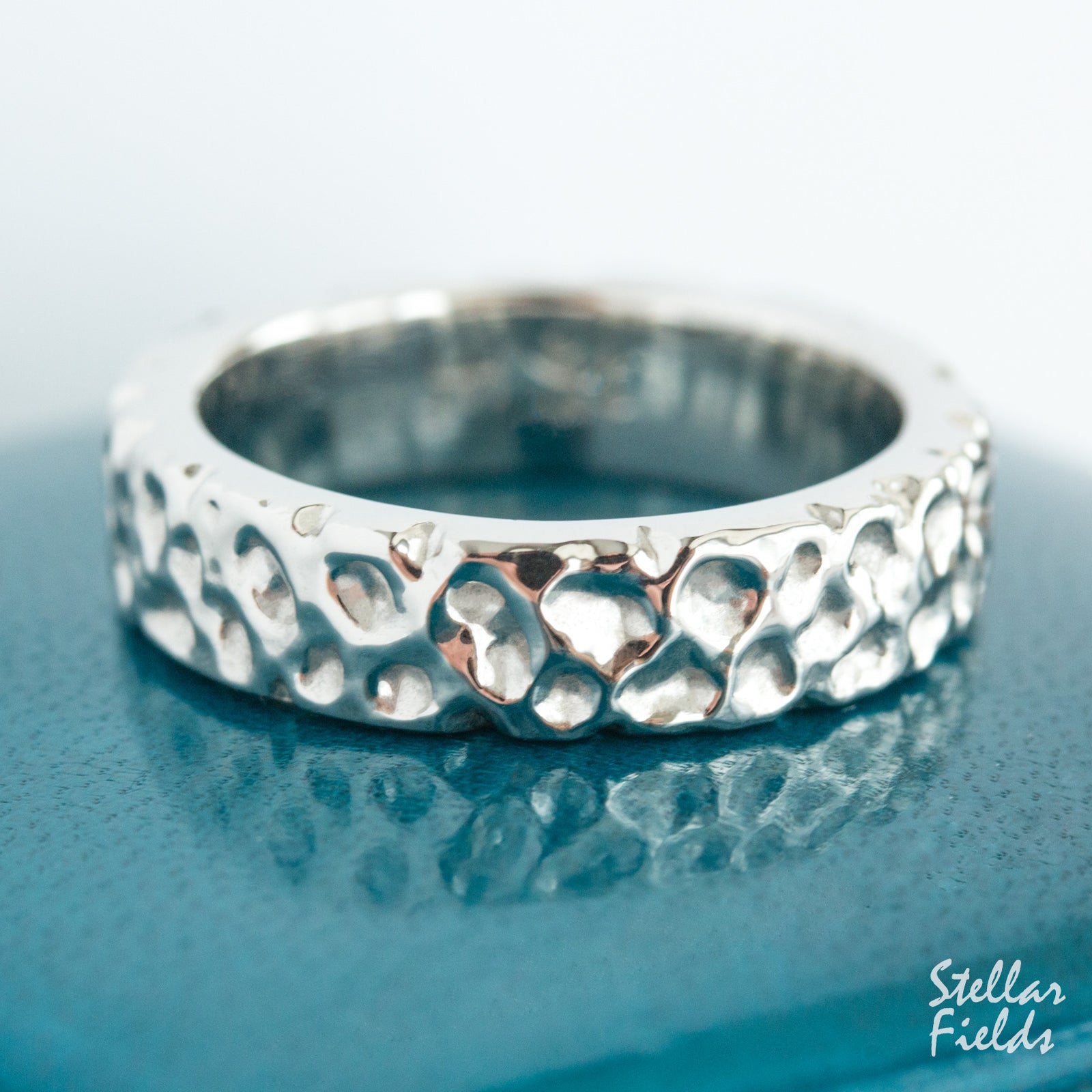 Modern Wide Textured Tactile Wedding Band Organic Wedding Ring 14k White Gold Stellar Fields