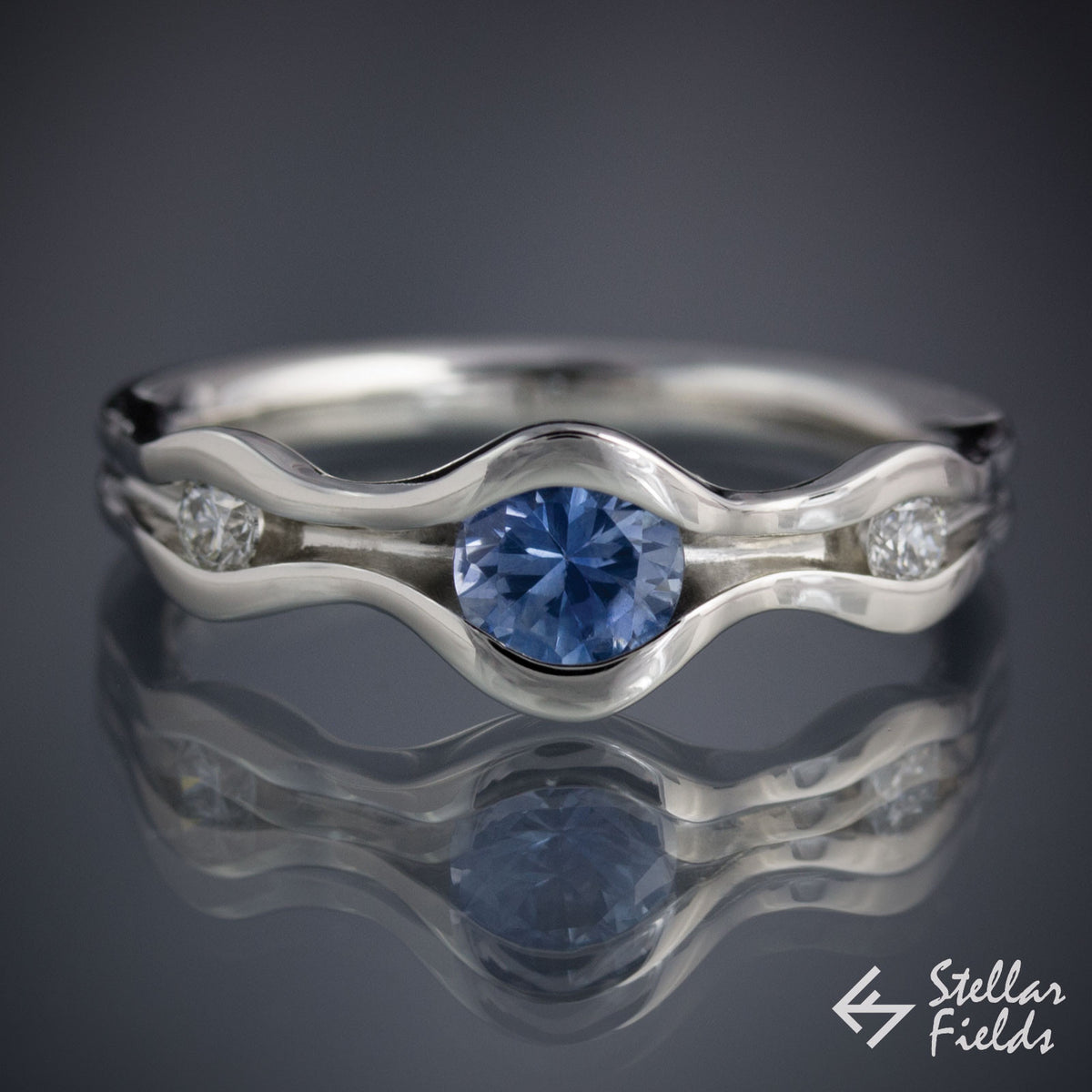 Montana Sapphire 3 Stone Engagement Ring Minimal Modern 14k White Gold Platinum StellarFields