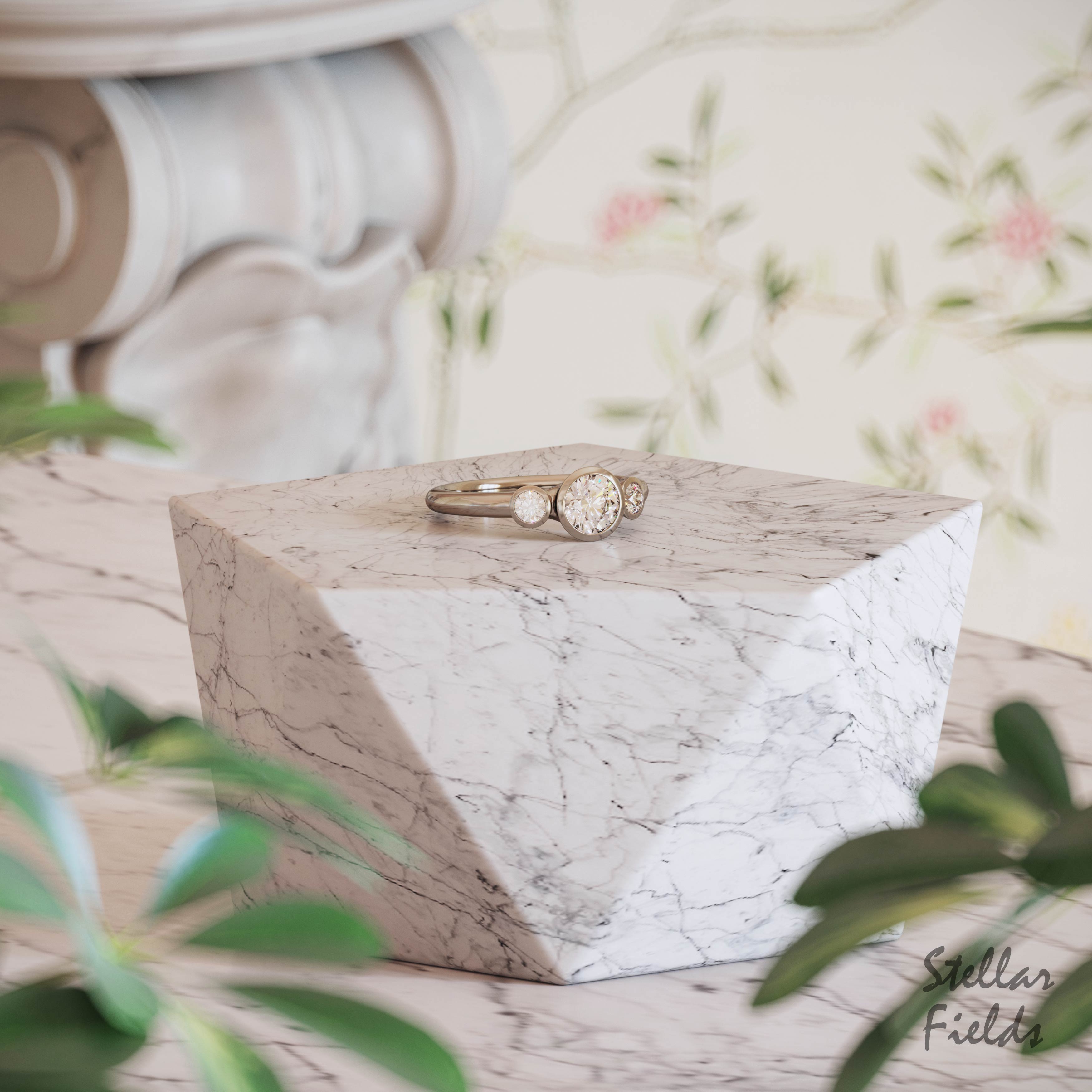 Three Stone Bezel Engagement Ring Modern Moissanite Multi Stone Ring ...