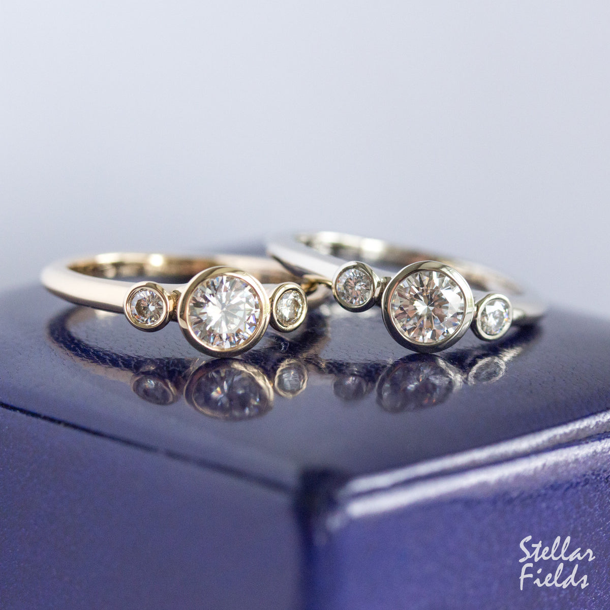 Multi Stone Engagement Ring Tri Stone Bezel Engagement Ring Diamond Ring Stellar Fields Jewelry