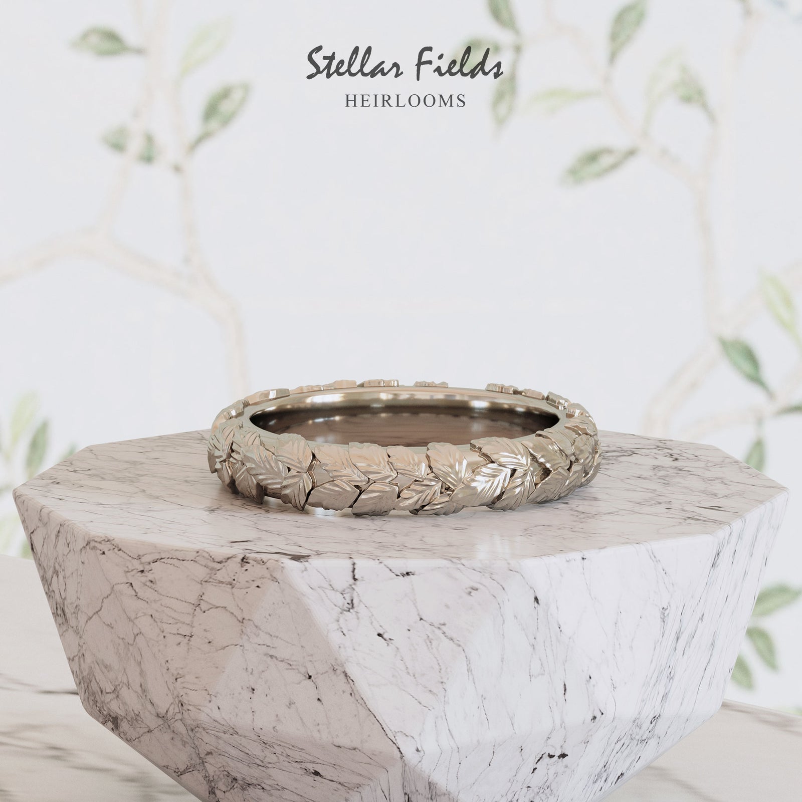 Organic Leaf Wedding Ring Dome Profile Platinum Comfort Fit