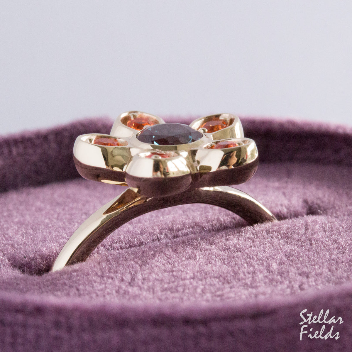 Sakura Shaped Cluster Ring Alexandrite Sapphires 14k Yellow Gold