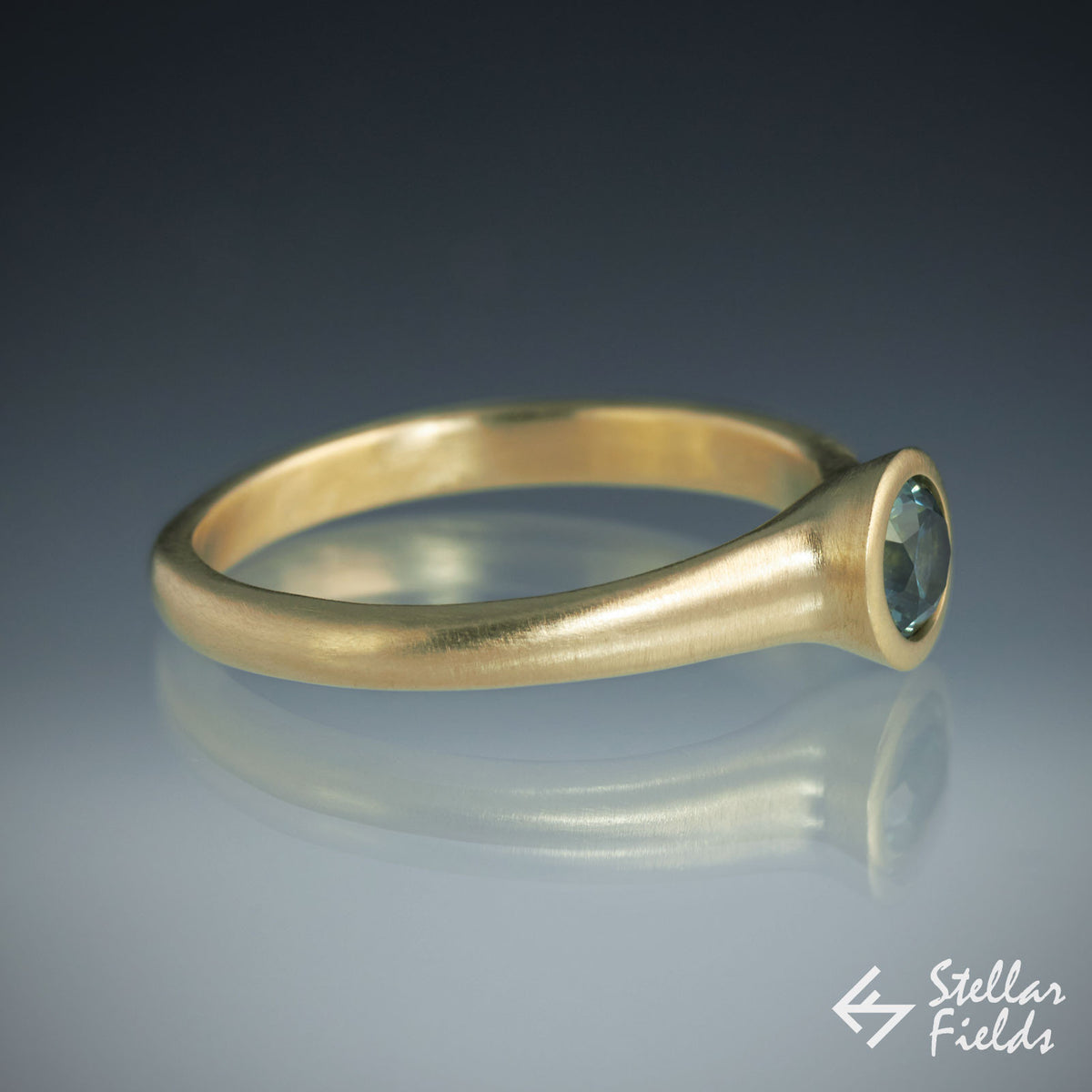 Blue Green Round Sapphire Bezel Ring 14k Yellow Gold Platinum Ring