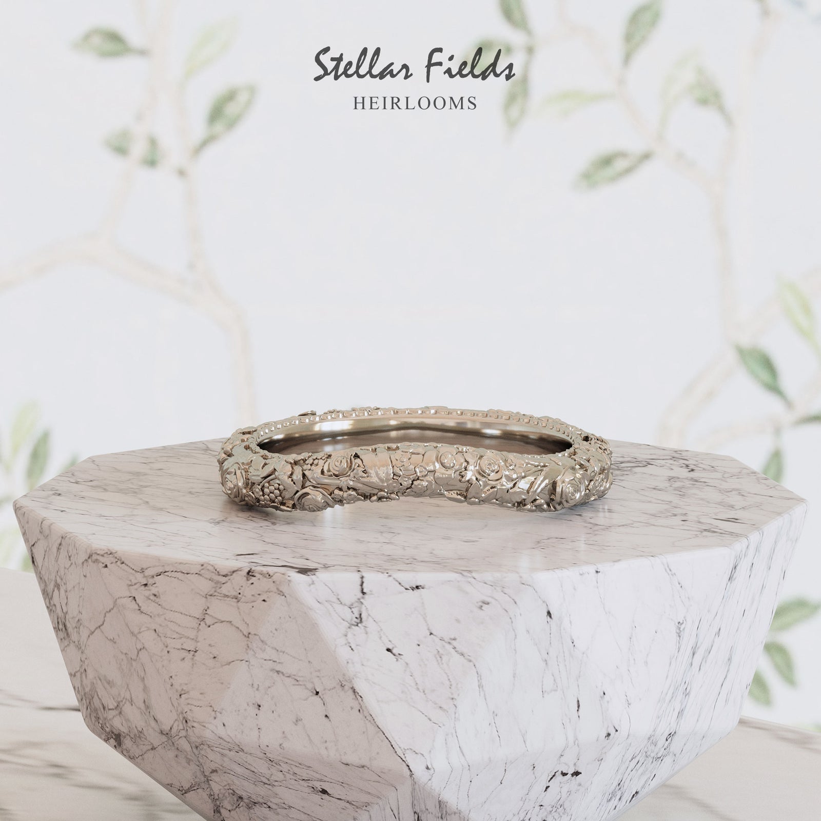 Sculpted Floral Wedding Ring Vintage Shadow Dome Band Flower Foliage Fruit Ornaments Platinum