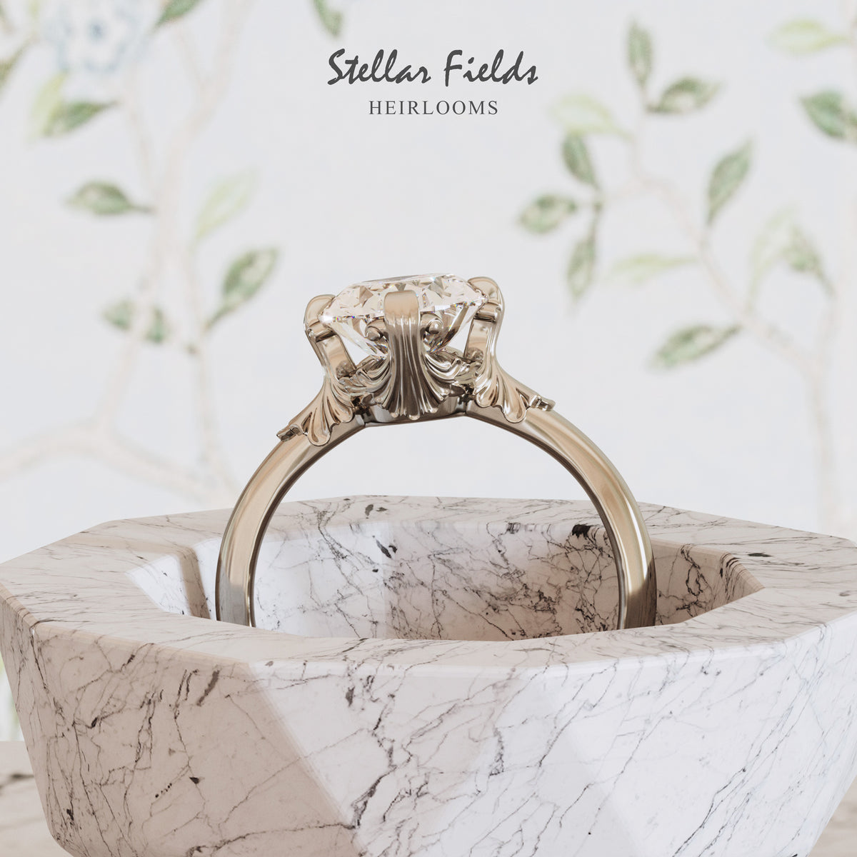 Sea Shells Motif Diamond Engagement Ring Intricate Vintage Artisan Handrafted Platinum