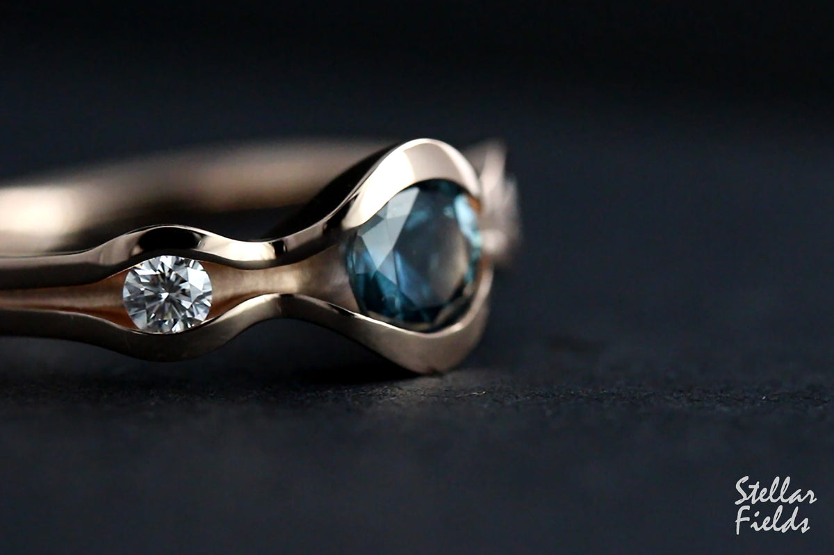 Teal Blue Montana Sapphire Wave Engagement Ring 14k rose gold