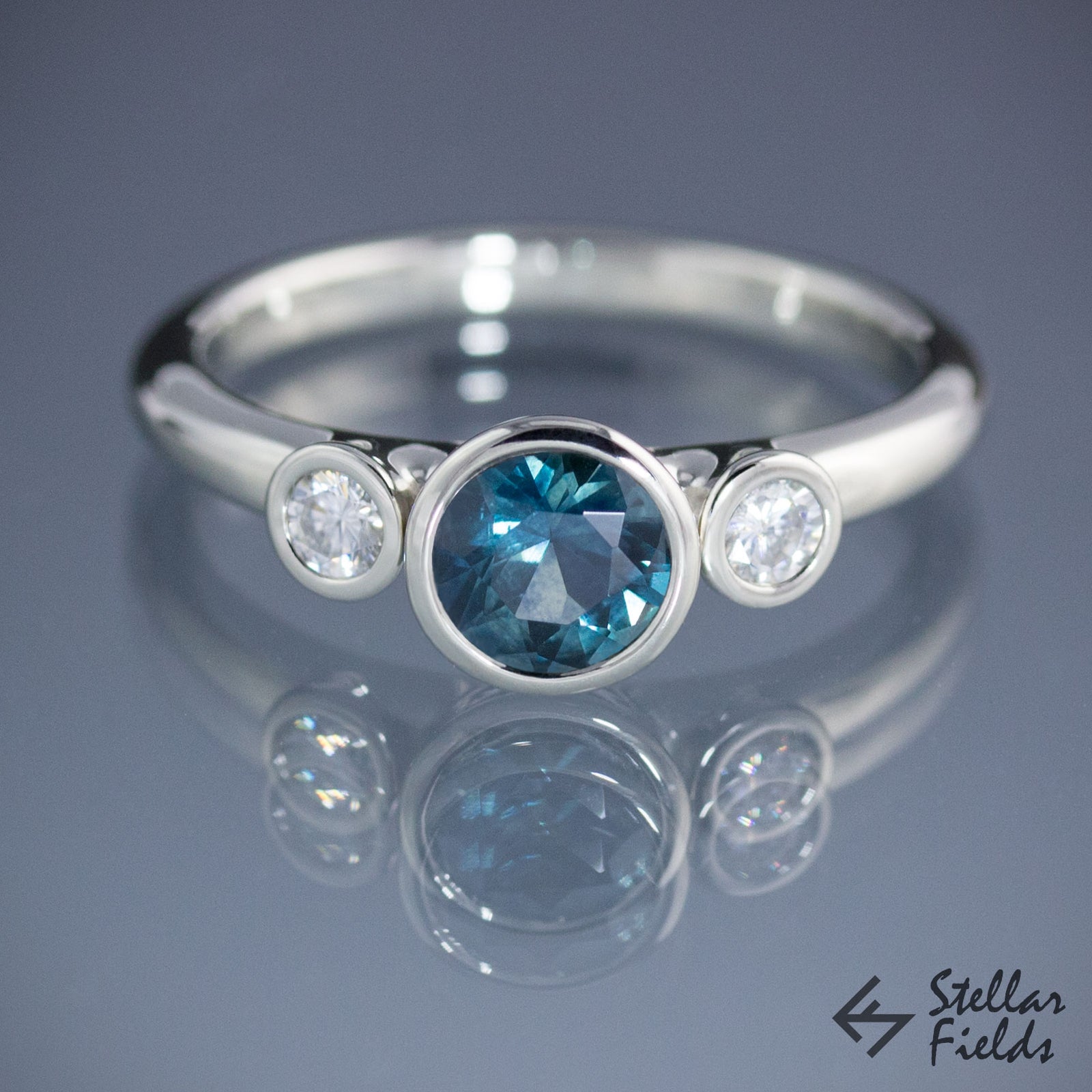 Teal Montana Sapphire with Diamonds Bezel Engagement Ring Three Stone Ring 18k White Gold Platinum Stellar Fields Jewelry