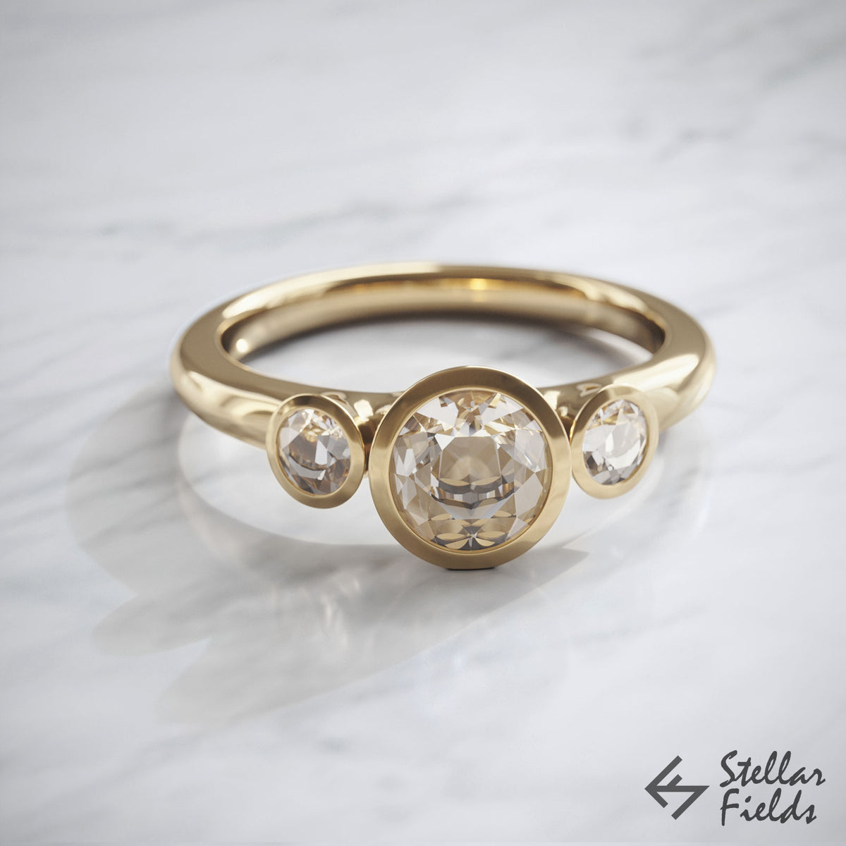 Three Stone Bezel Engagement Ring Moissanite &amp; Diamonds 14k Yellow Gold Stellar Fields Jewelry