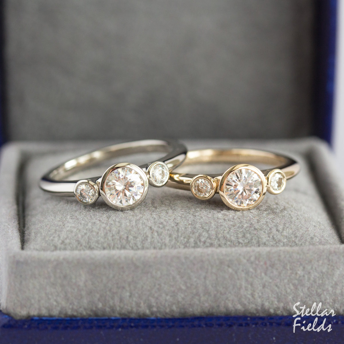 Three Stone Bezel Engagement Ring Multi Stone Diamond Bezel Ring Stellar Fields Jewelry