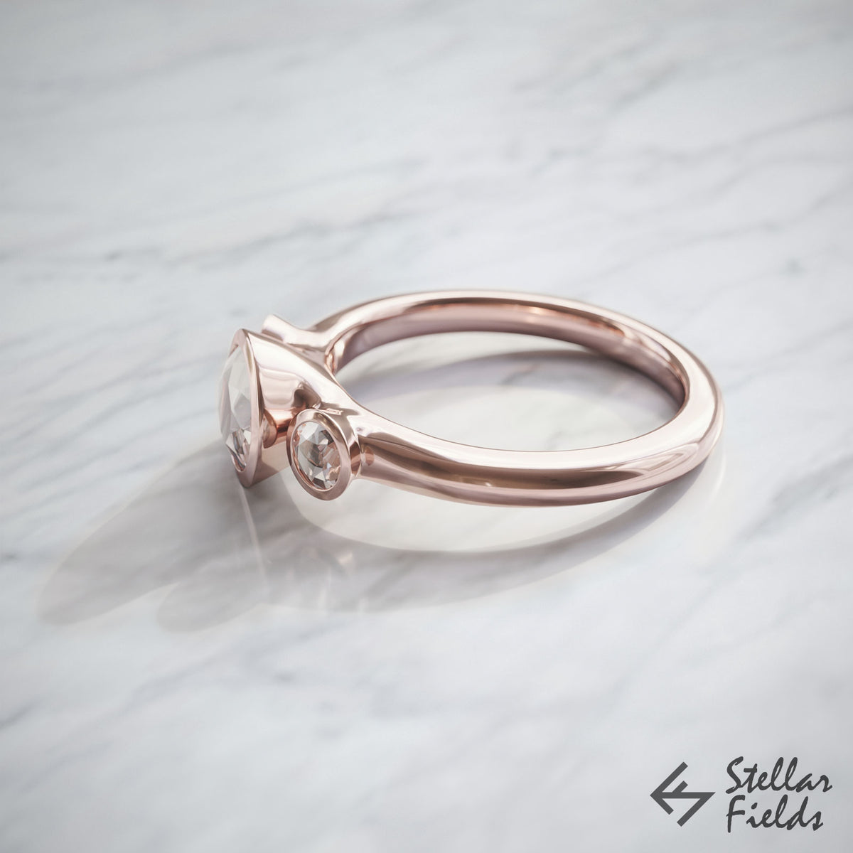 Three Stone Bezel Ring Alternative Ethical Diamonds Bezel Ring 14k Rose Gold Stellar Fields Jewelry