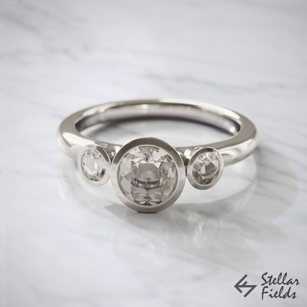 Three Stone Engagement Ring Ethical Forever One Moissanite &amp; Diamonds Ring 14k White Gold Stellar Fields Jewelry